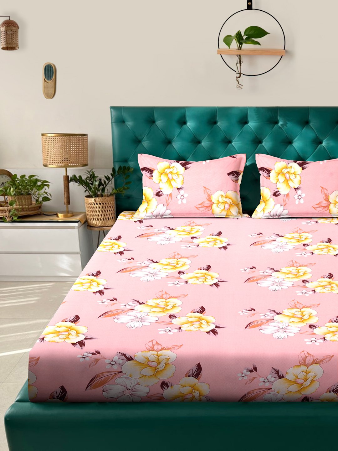 Pink Floral  300 TC Cotton Blend Fitted Double Bedsheet with 2 Pillow Covers