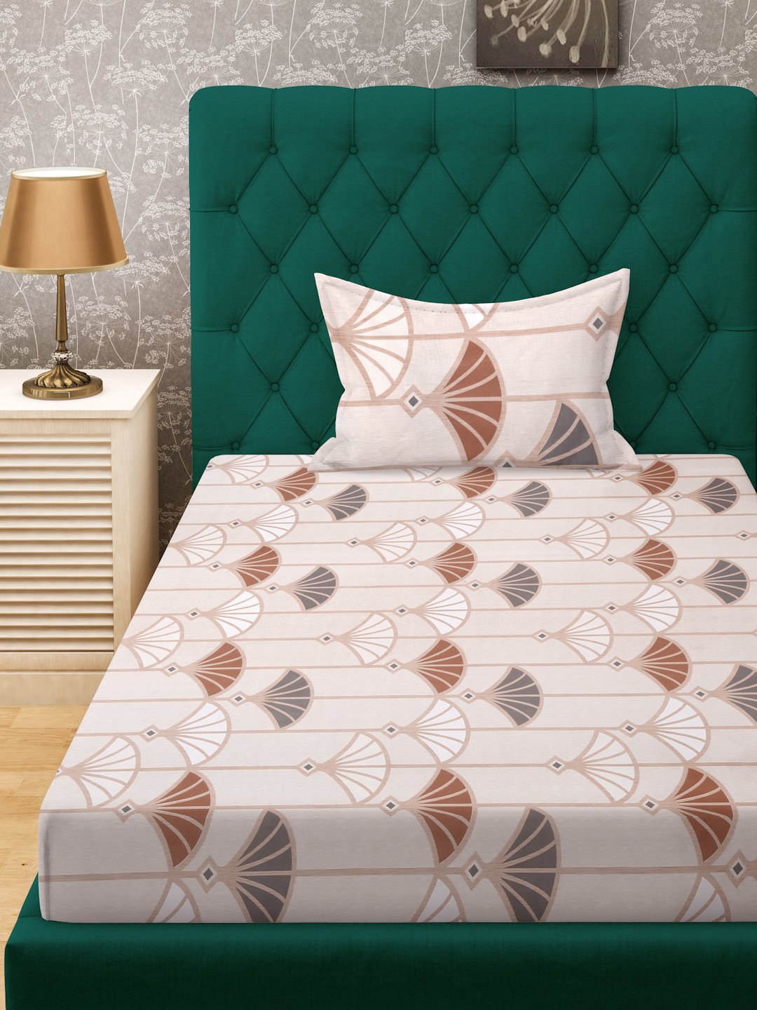 Cream Floral 300 TC Cotton Blend Single Bedsheet with Pillow Cover