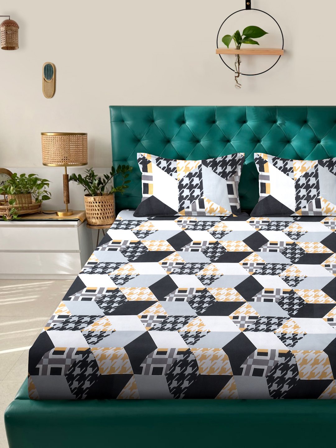 Book Fold Multi Geometric 300 TC Cotton Blend Fitted Double Bedsheet with 2 Pillow Covers