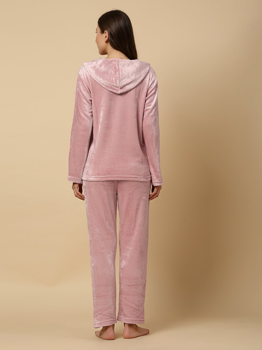 Klotthe Women Pink Wool Blend Solid Hooded Night Suit
