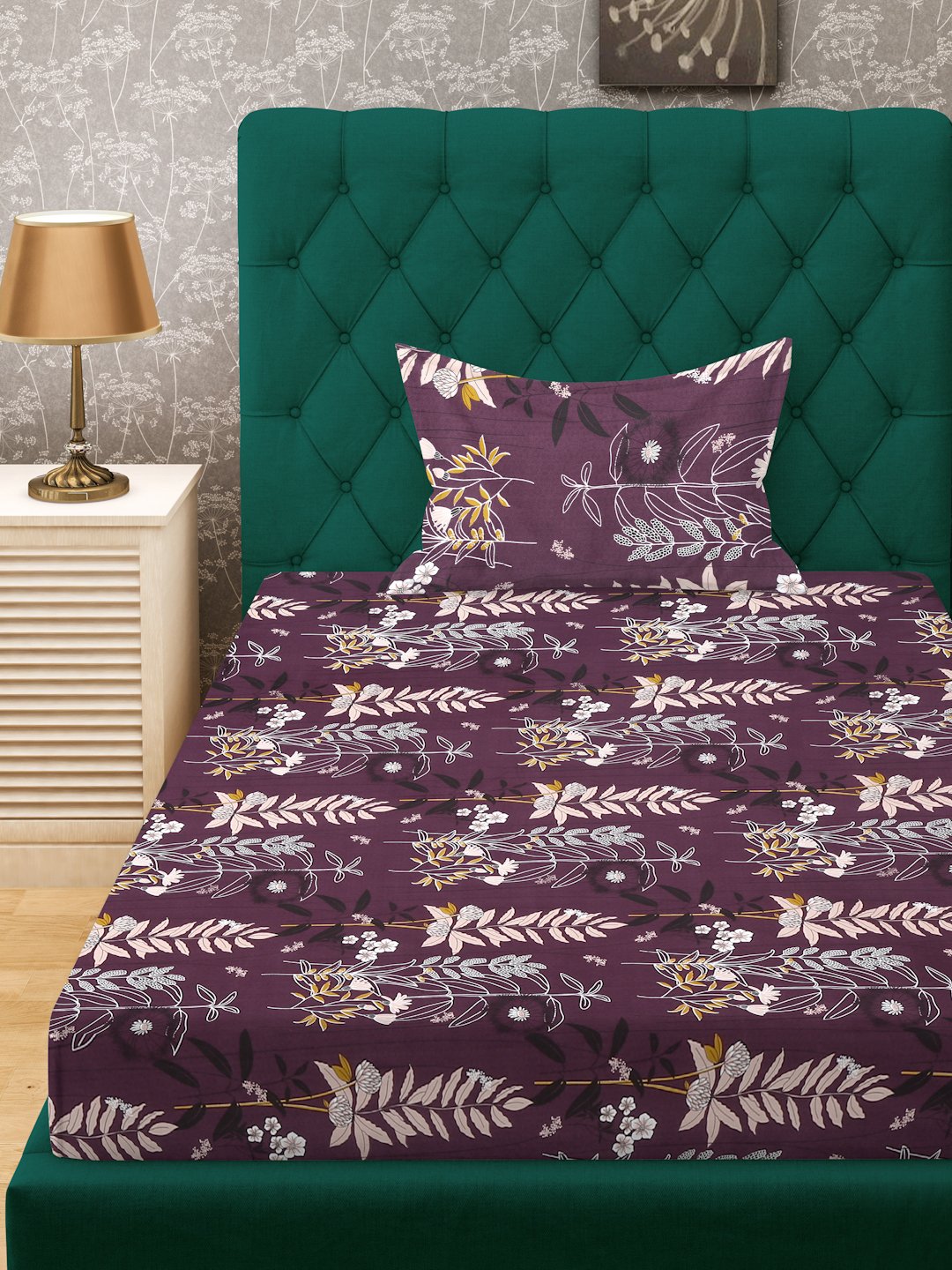 Purple Floral 300 TC Cotton Blend Fitted Single Bedsheet Set in Book Fold Packing