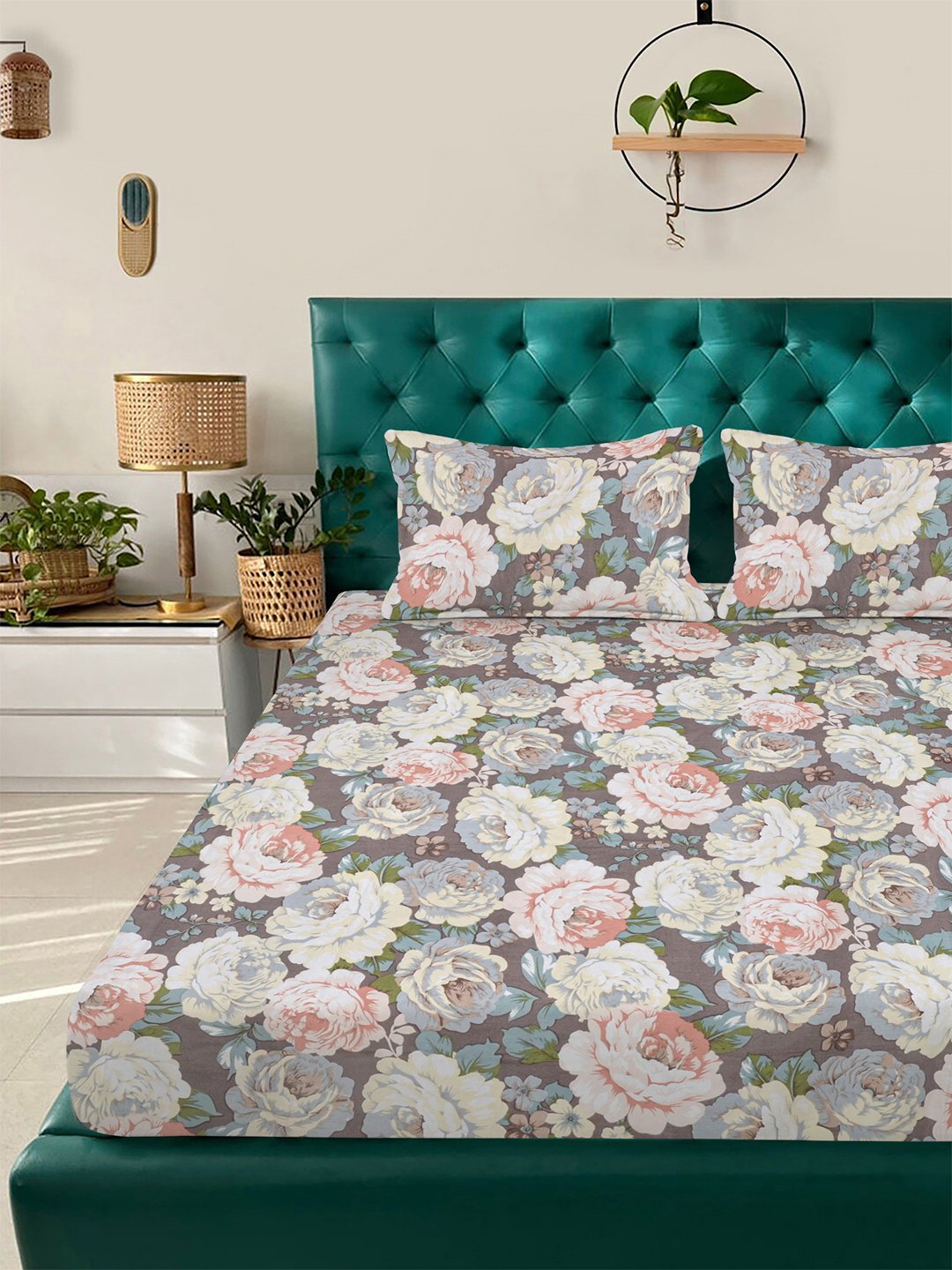 Multi Floral 300 TC Cotton Blend Fitted Double Bedsheet with 2 Pillow Covers