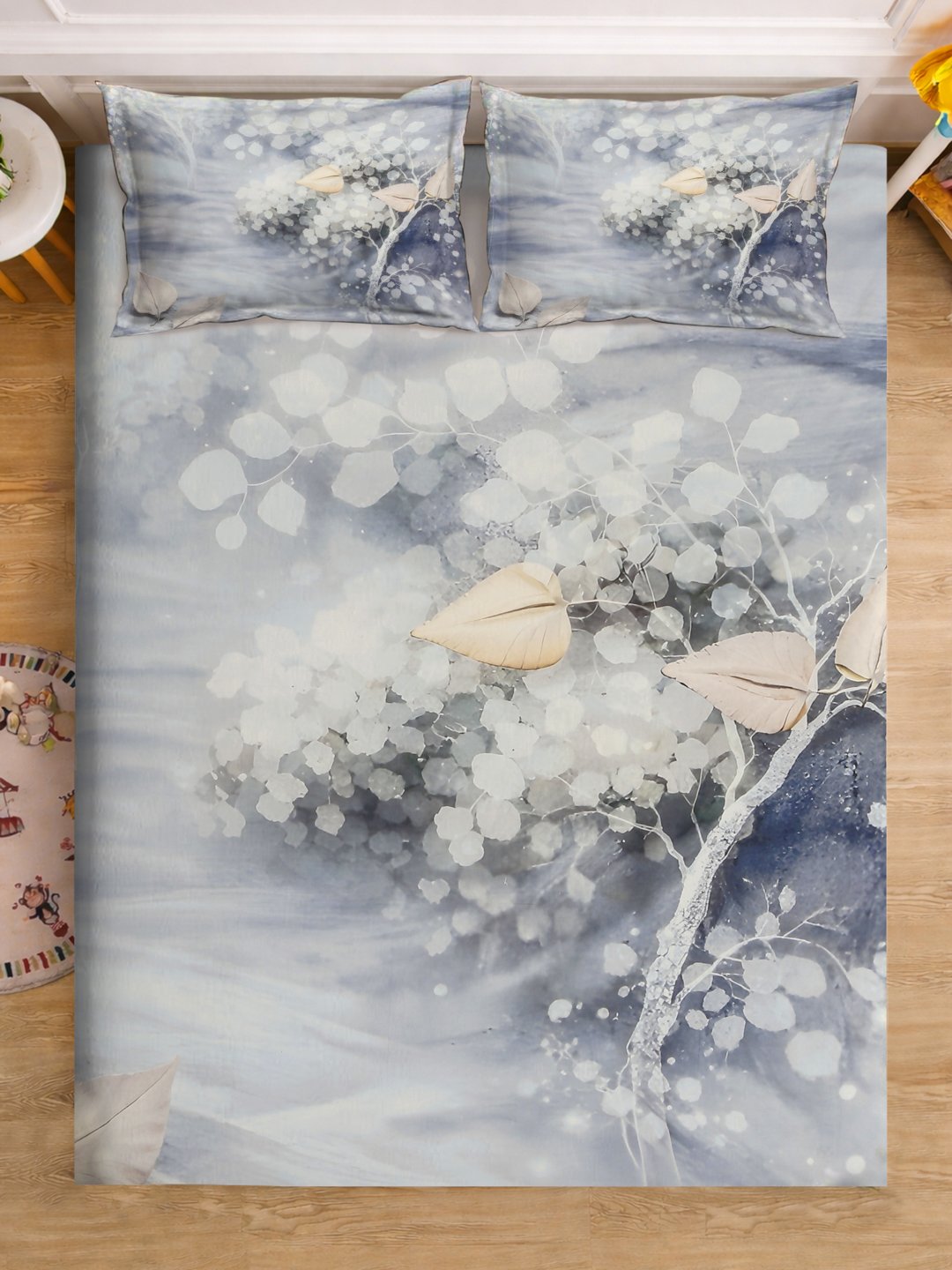 Grey Digital Floral Printed Cotton Blend Fitted Double Bedsheet with 2 Pillow Covers