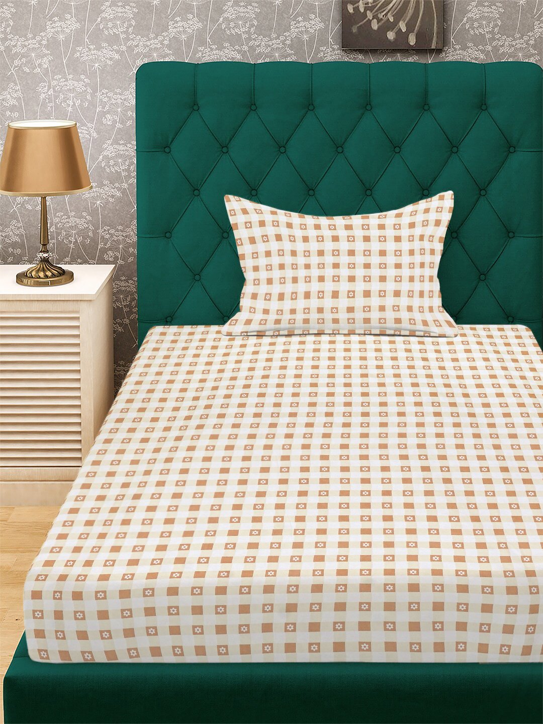 Beige Geometric 300 TC Cotton Blend Fitted Single Bedsheet with Pillow Cover