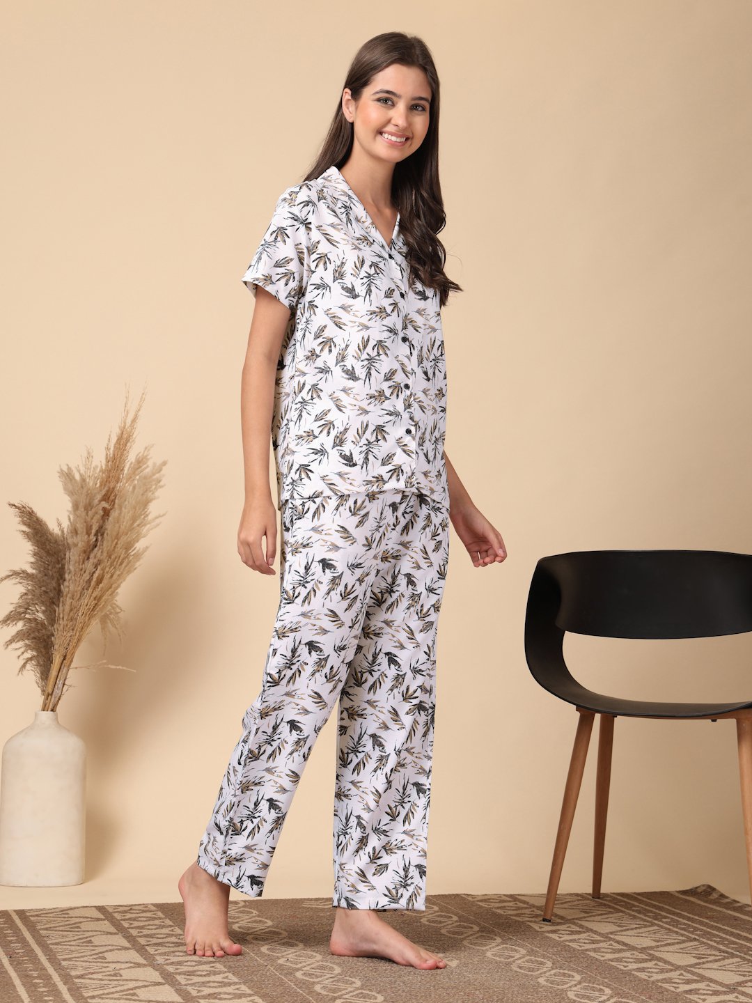 White Floral Cotton Blend Women Night Suit