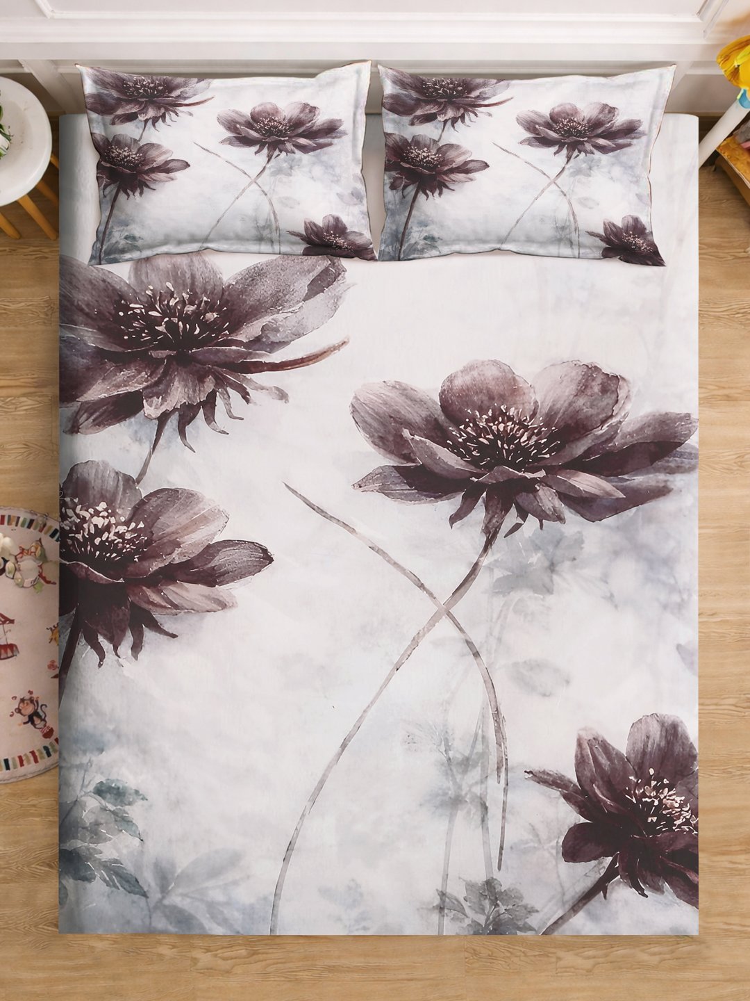 Multi Digital Floral Printed Cotton Blend Fitted Double Bedsheet with 2 Pillow Covers