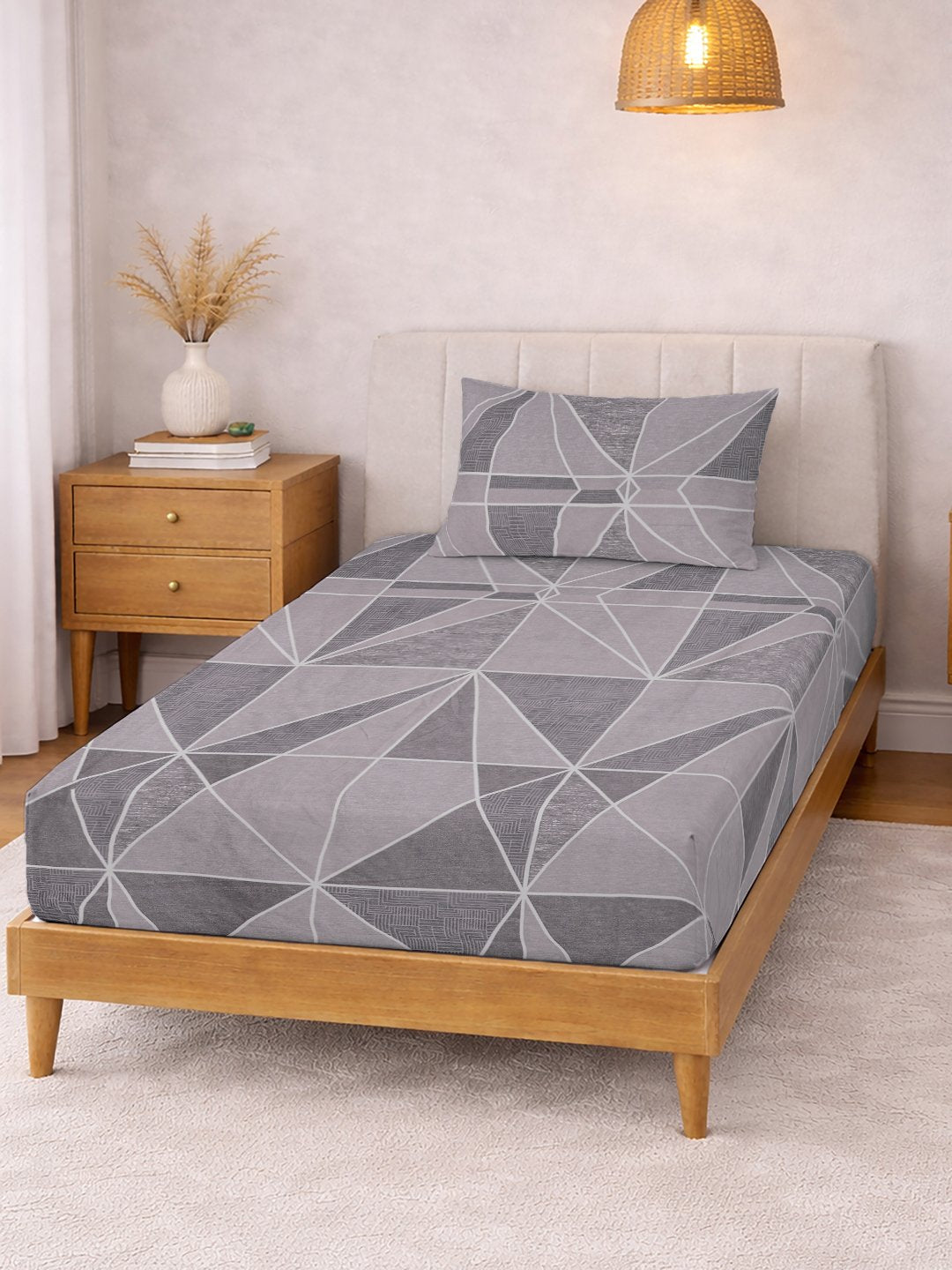 Purple Geometric Cotton Blend Fitted Single Bedsheet with Pillow Cover