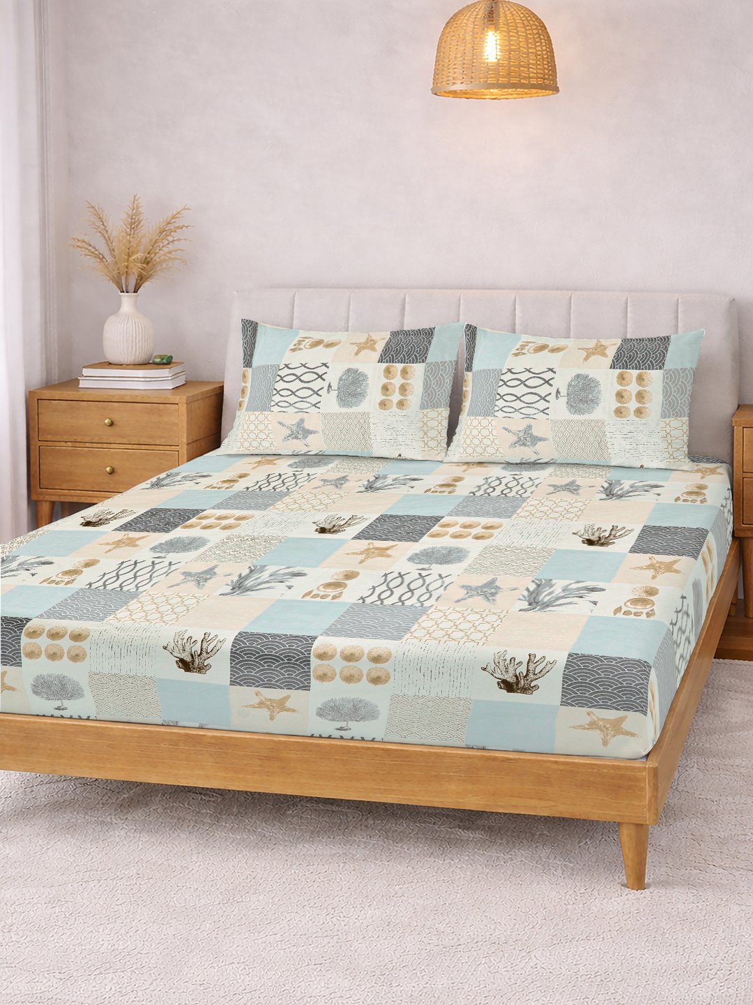 Multi Geometric Cotton Blend Fitted Double Bedsheet with 2 Pillow Covers