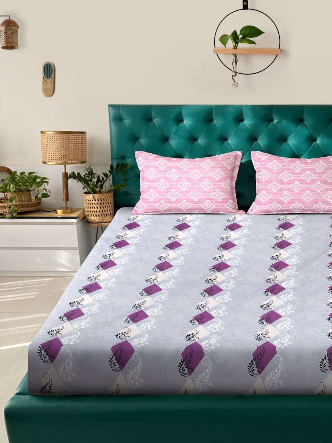 Purple Geometric 400 TC Pure Cotton Fitted Double Bedsheet with 2 Pillow Covers