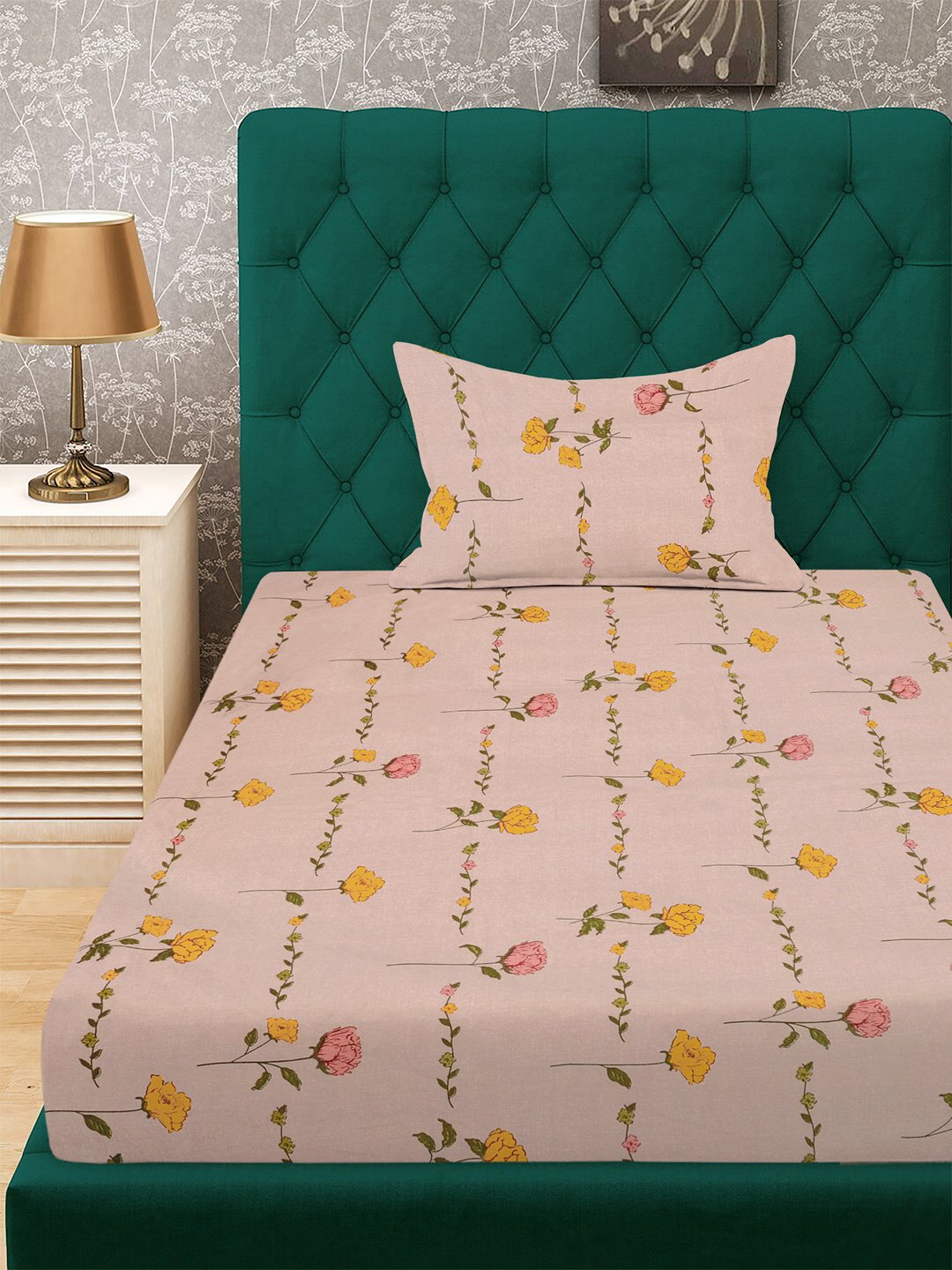 Peach Floral 300 TC Cotton Blend Fitted Single Bedsheet with Pillow Cover