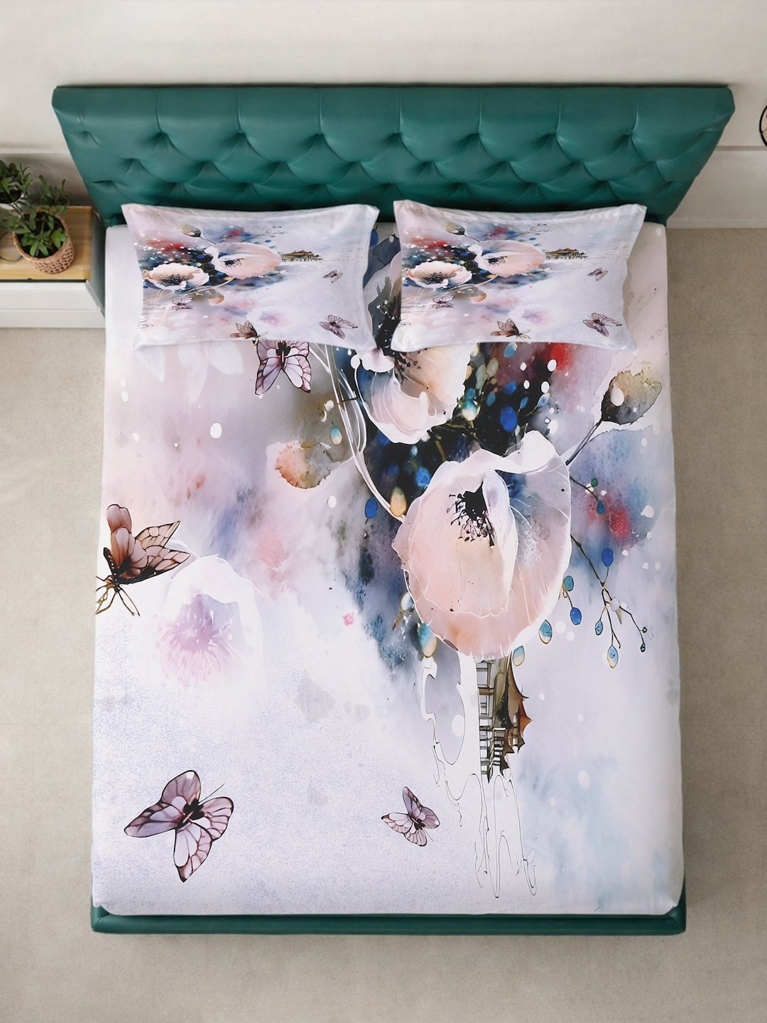 Multi Digital Floral Printed Cotton Blend Double Bedsheet with 2 Pillow Covers