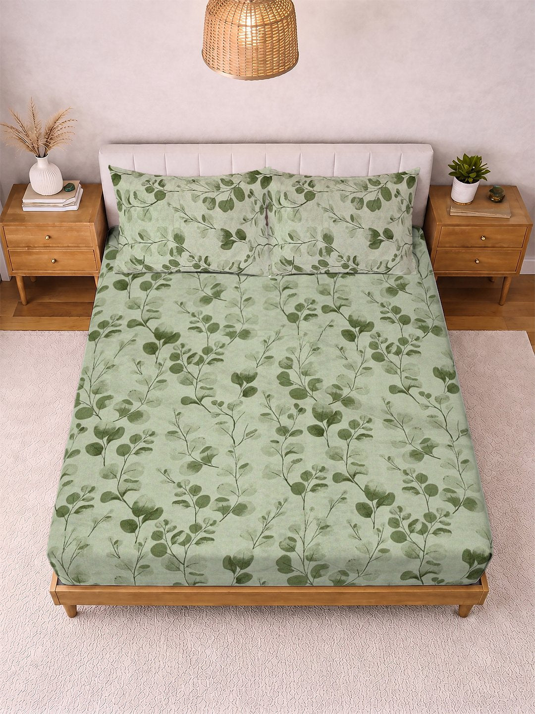 Green Floral Cotton Blend Double Bedsheet with 2 Pillow Covers