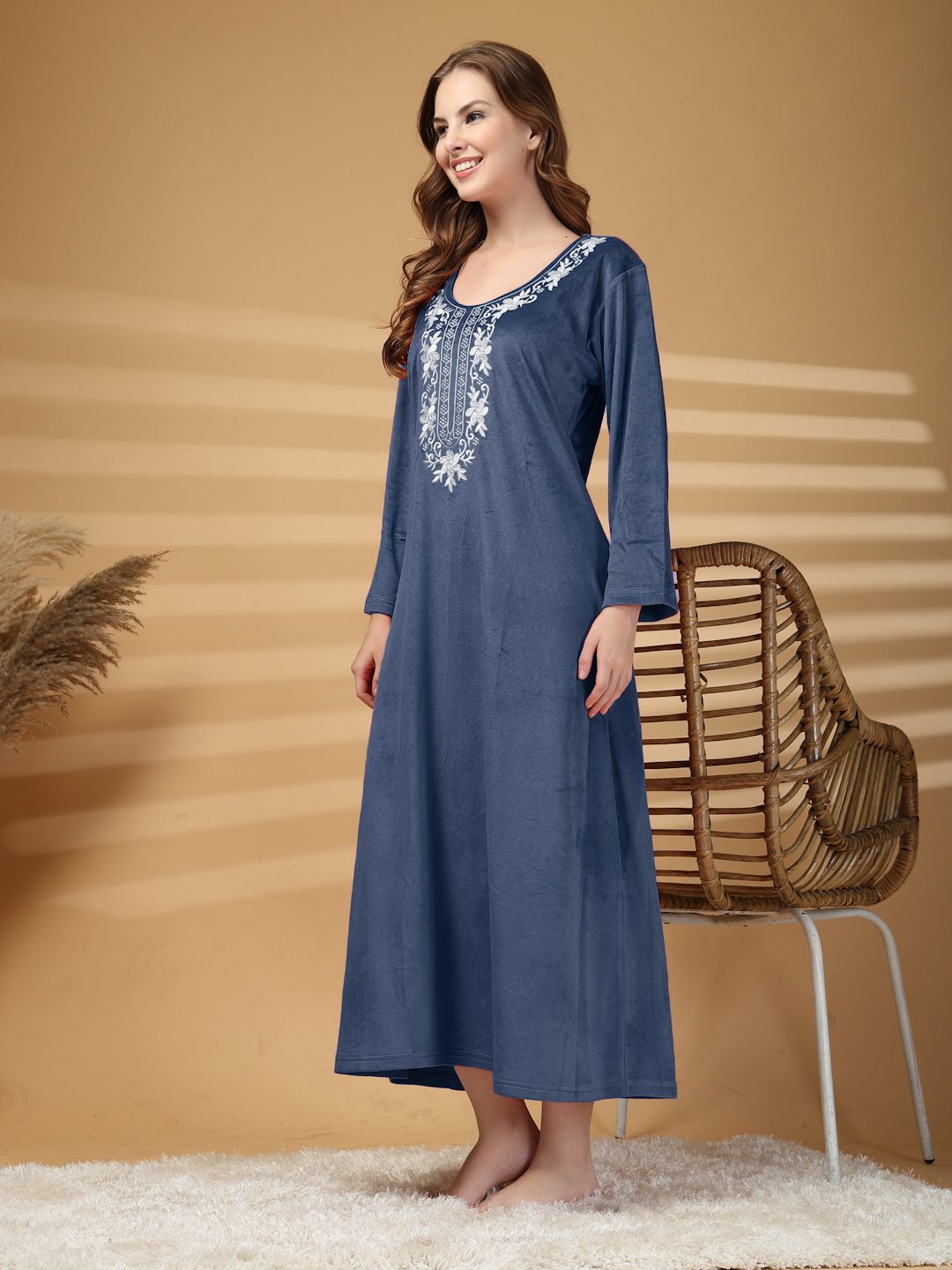 Klotthe Blue Solid Soft touch Velvet Maxi Nightdress