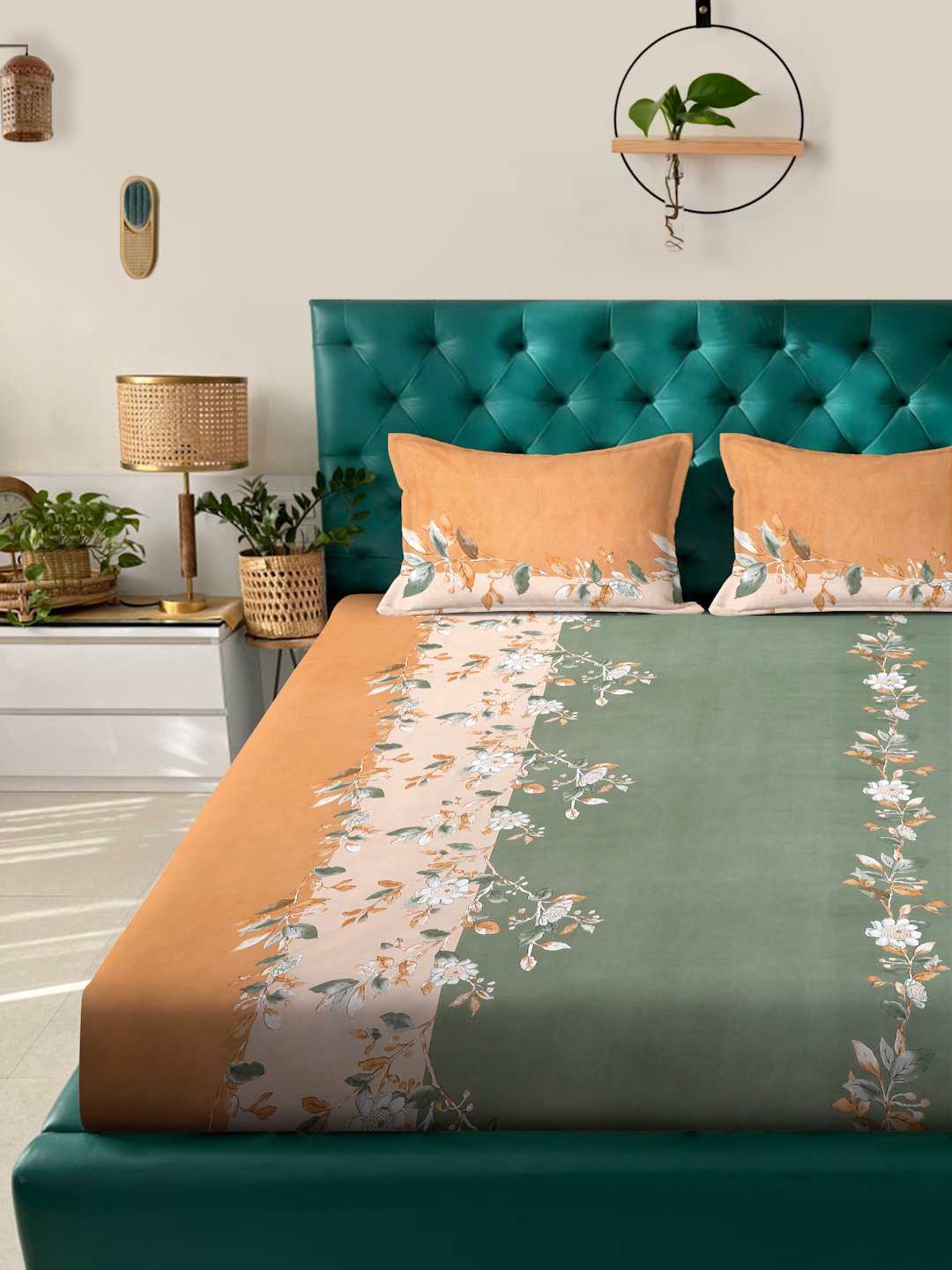 Green Floral  300 TC Cotton Blend Fitted Double Bedsheet with 2 Pillow Covers