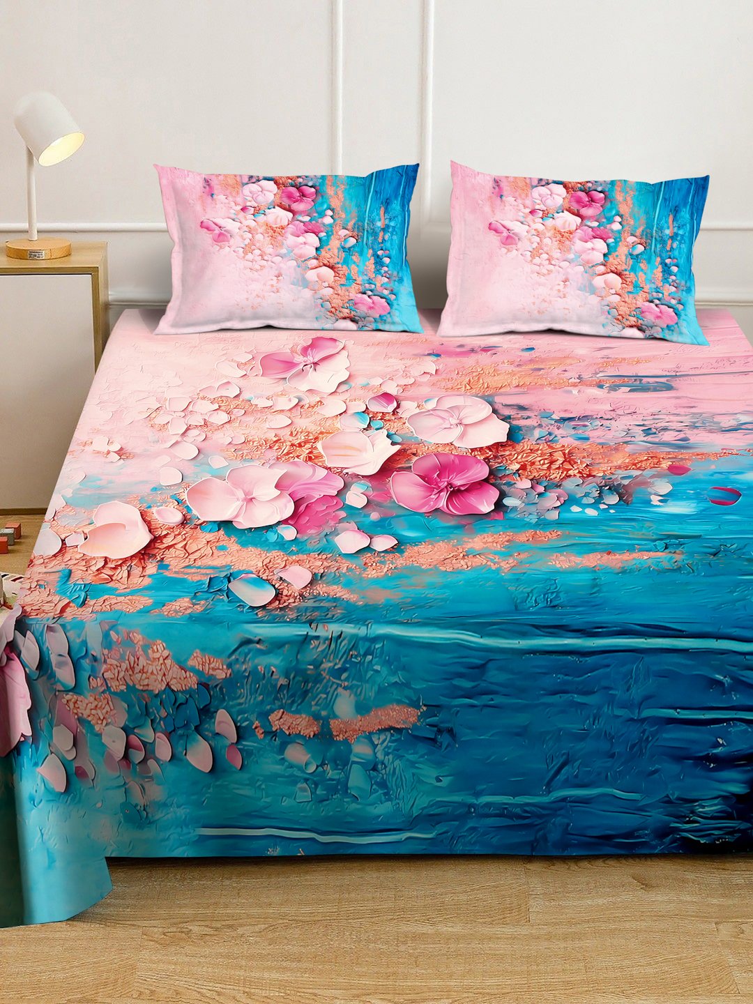 Blue Digital Floral Printed Cotton Blend Fitted Double Bedsheet with 2 Pillow Covers
