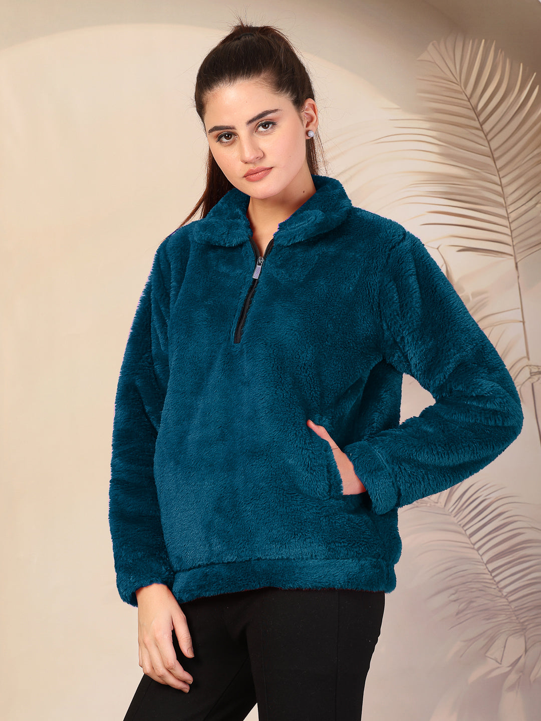 Klotthe Women Blue Solid Woolen Fur Winter Jacket