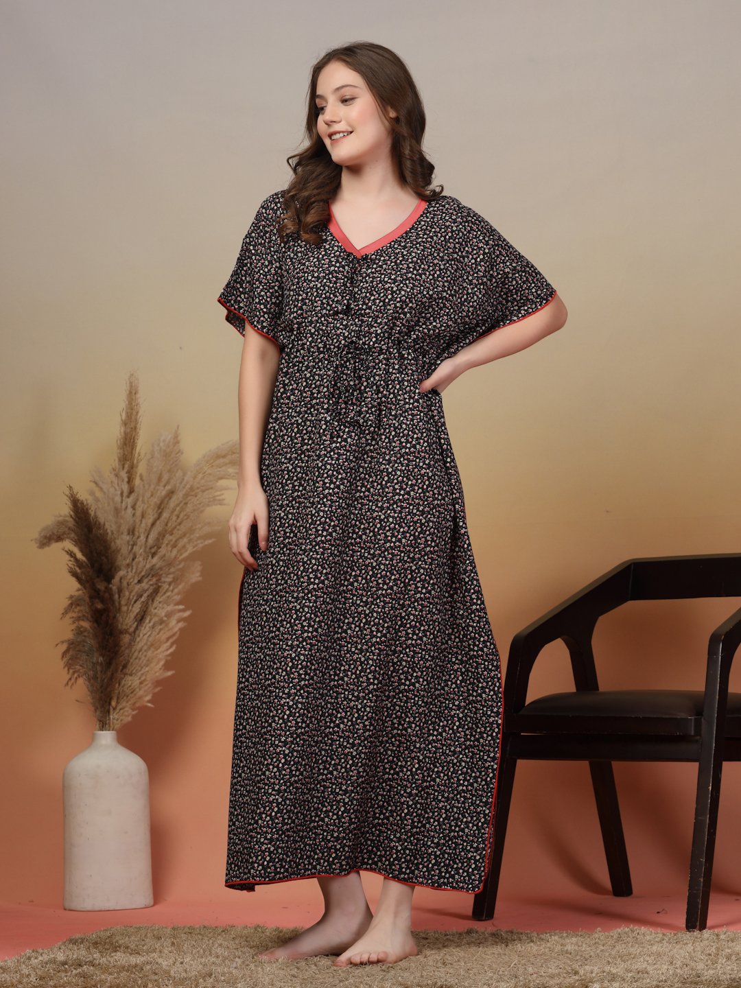 Black Floral Cotton Blend Kaftan Maxi Nightdress