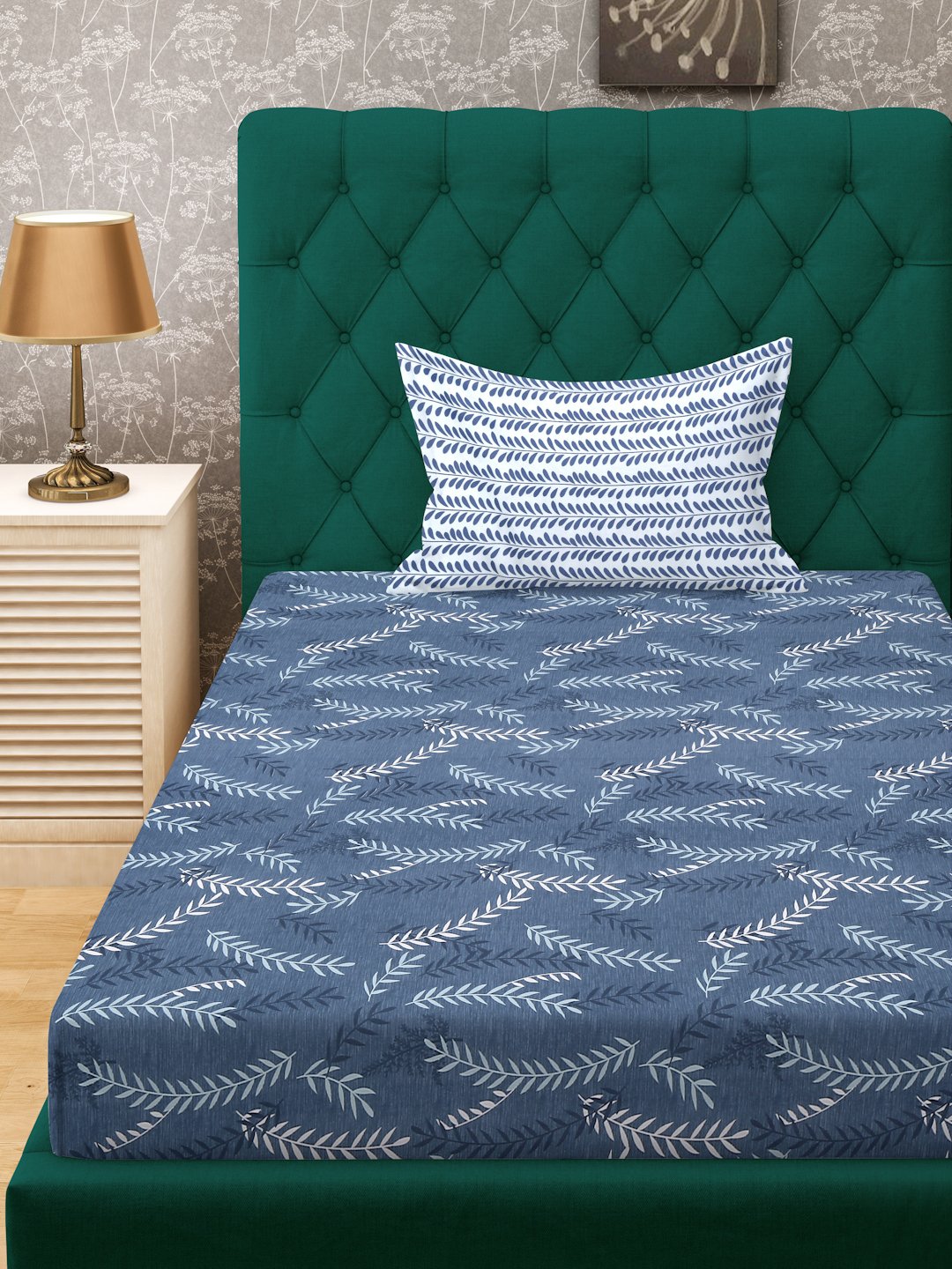 Blue Floral 300 TC Cotton Blend Fitted Single Bedsheet with Pillow Cover