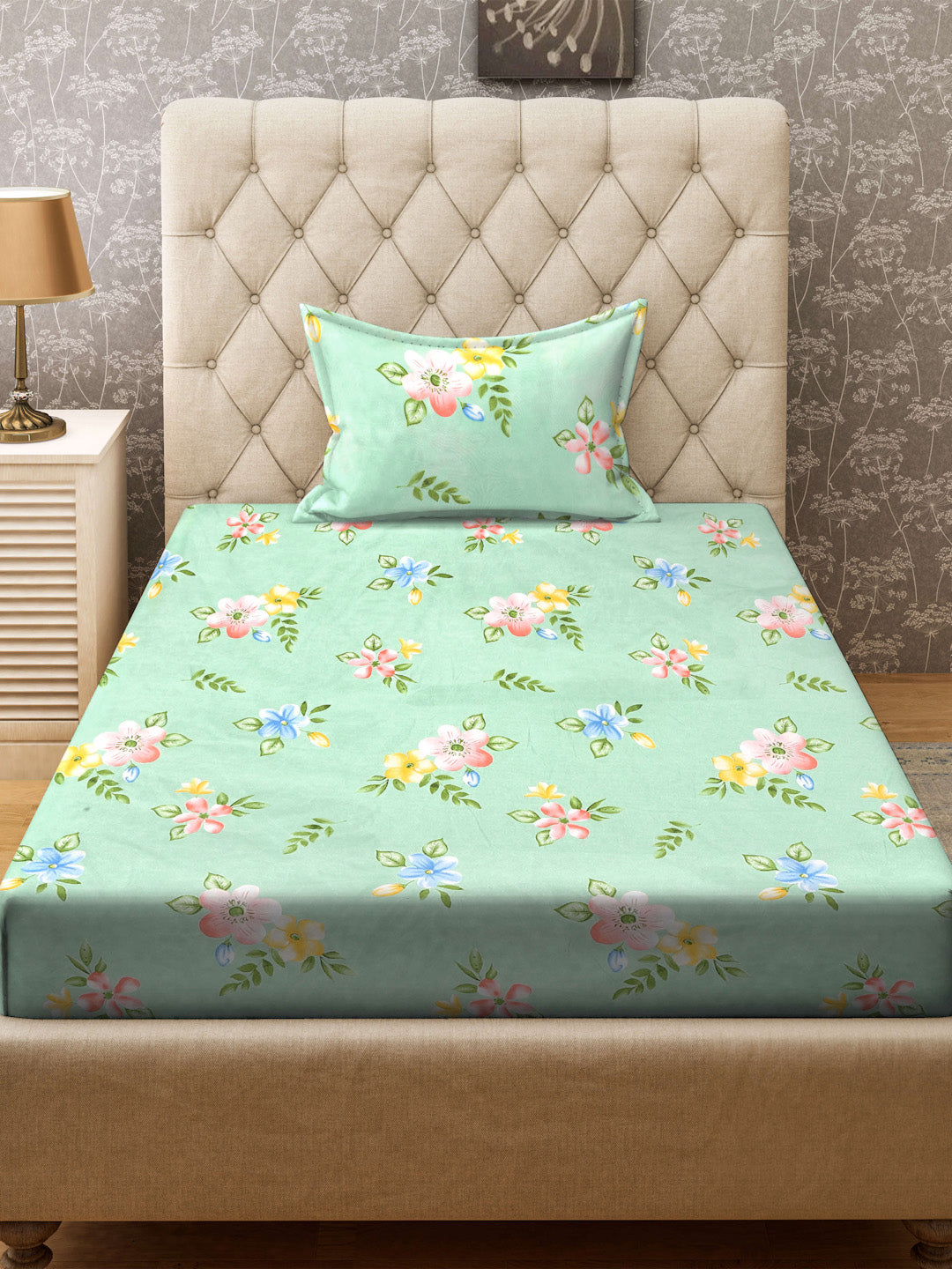 Klotthe Green Floral 300 TC Cotton Blend Fitted Single Bedsheet with Pillow Cover