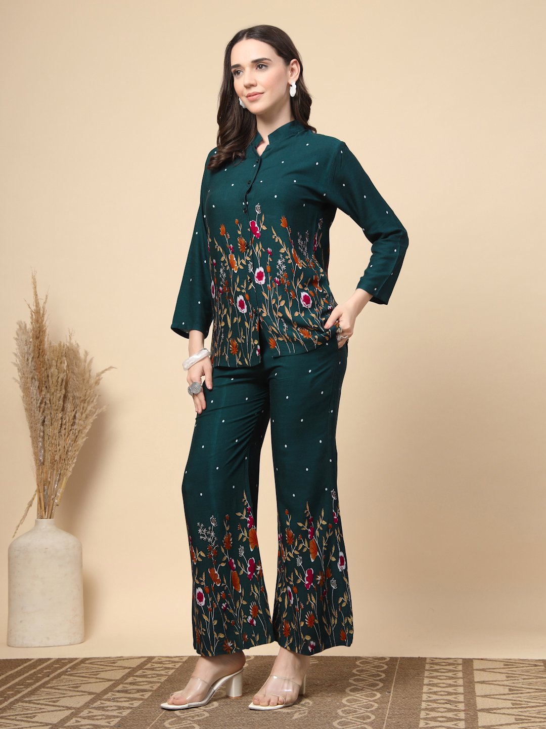 Green Cotton Printed Shirt With Trousers Co-Ords Set