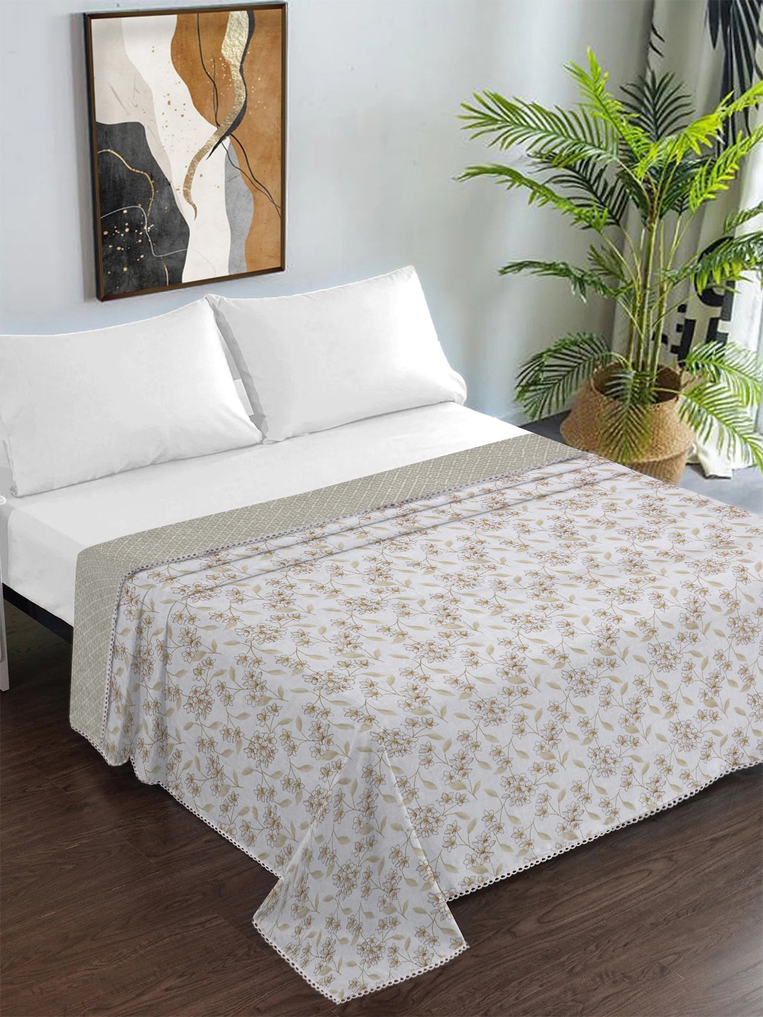 Beige Pure Cotton Floral Double Bed Dohar