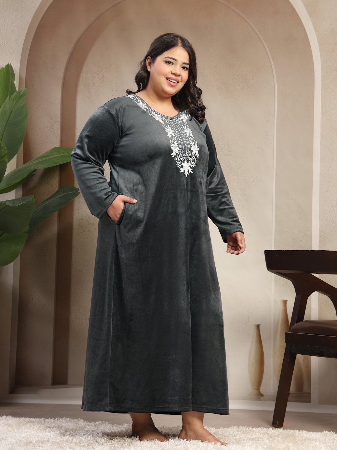 Klotthe Grey Solid Soft touch Velvet Maxi Nightdress
