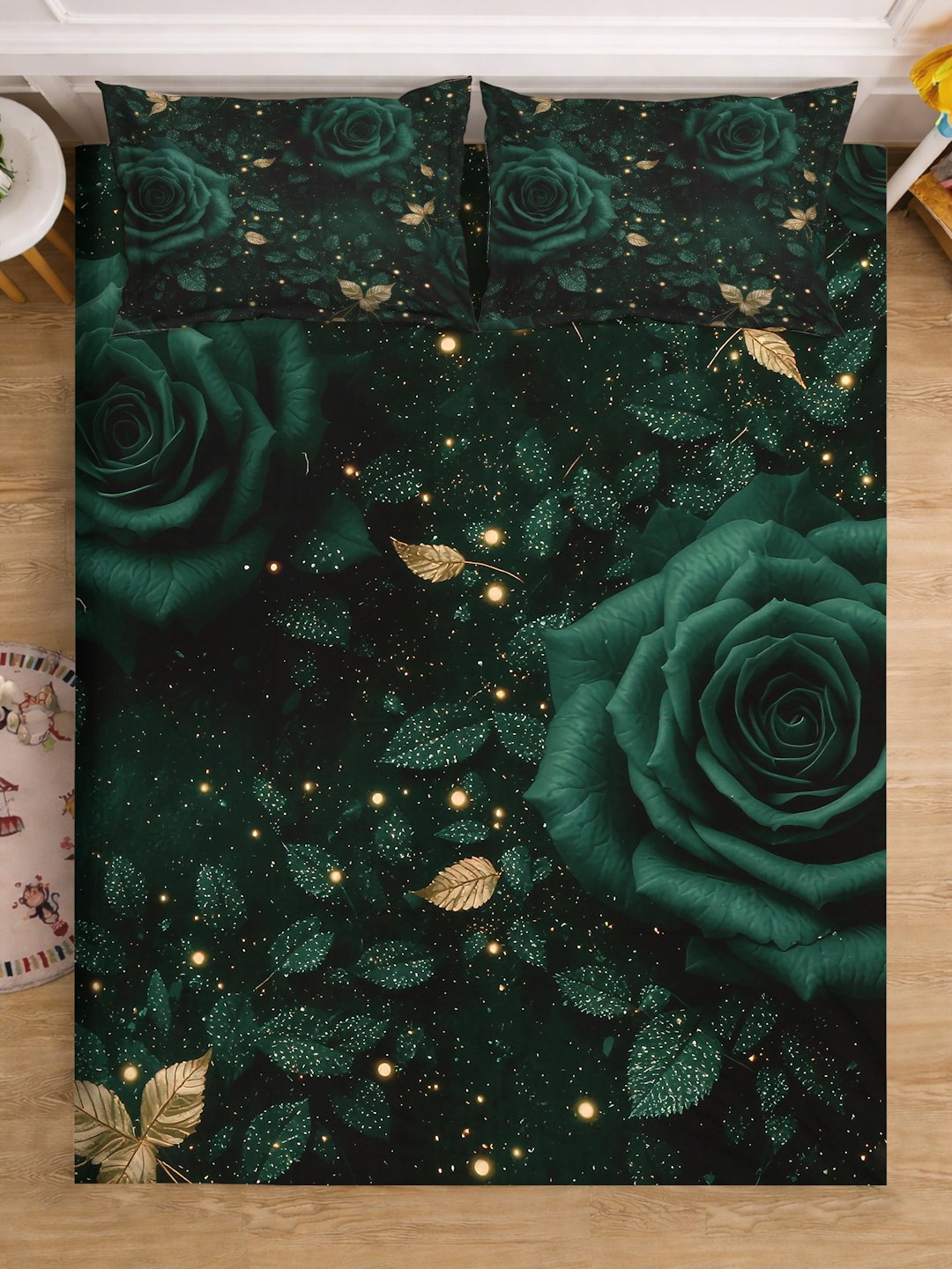 Green Digital Floral Printed Cotton Blend Double Bedsheet with 2 Pillow Covers