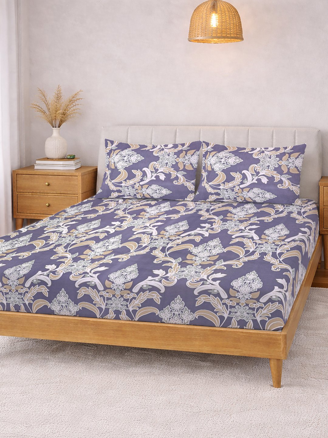 Purple Floral Cotton Blend Fitted Double Bedsheet with 2 Pillow Covers