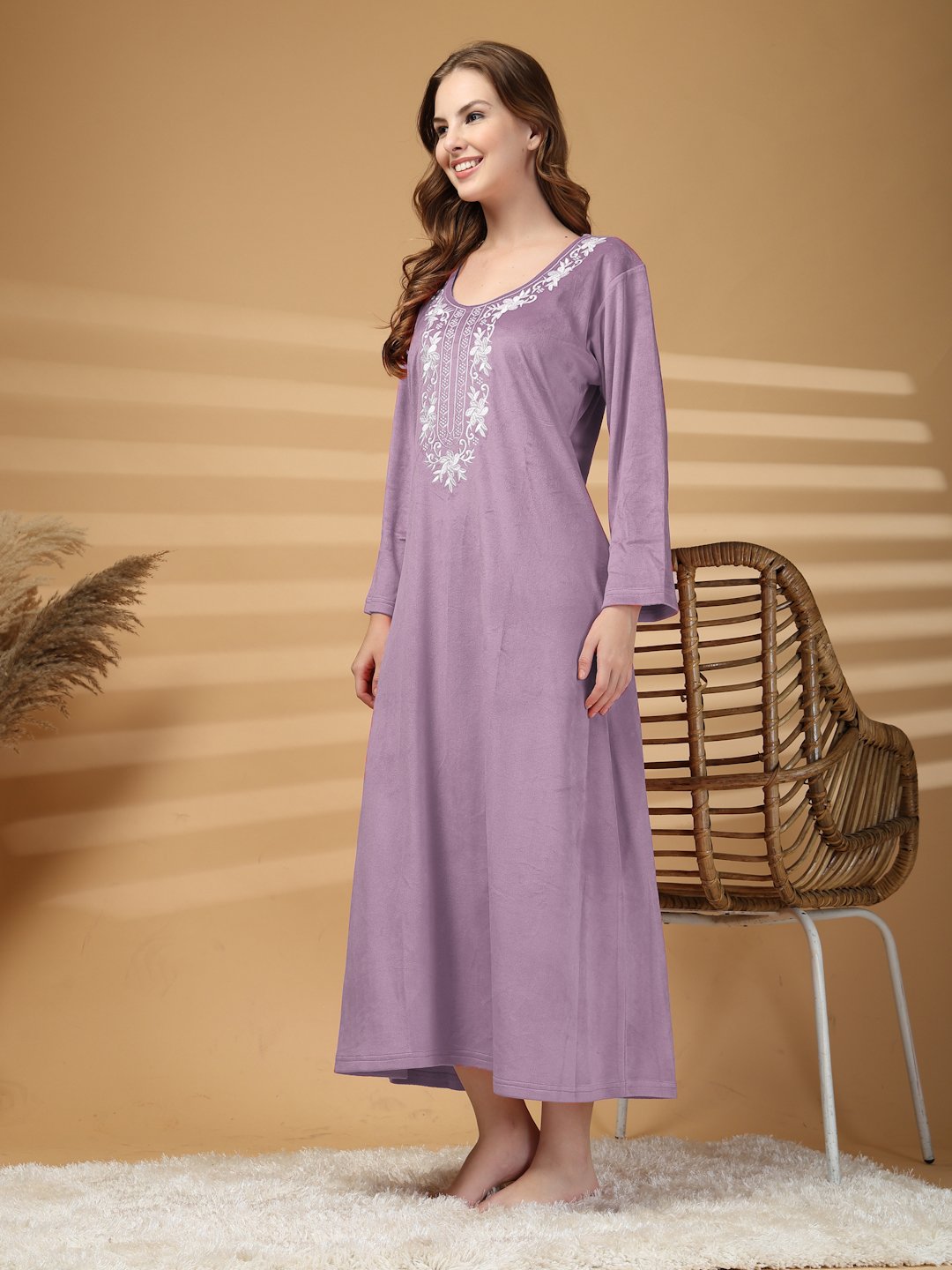 Klotthe Purple Solid Soft touch Velvet Maxi Nightdress