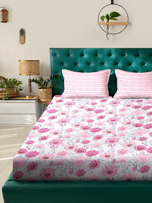 Pink Floral 300 TC Cotton Blend Fitted Double Bedsheet in Book Fold Packing