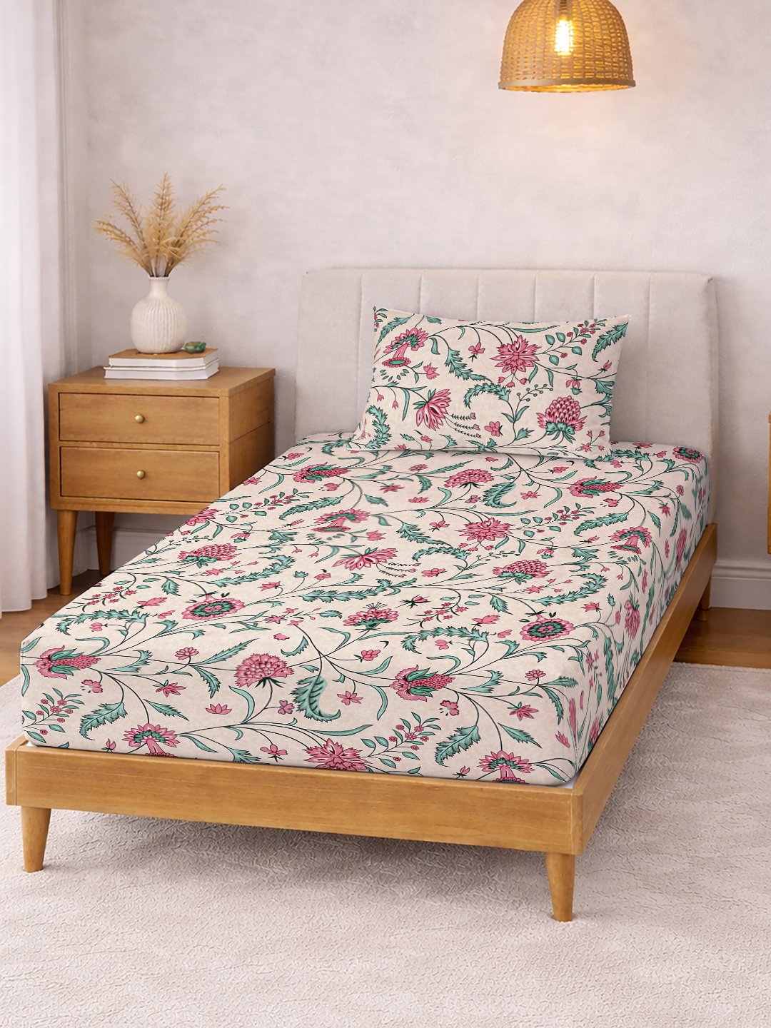 Beige Floral Cotton Blend Single Bedsheet with Pillow Cover