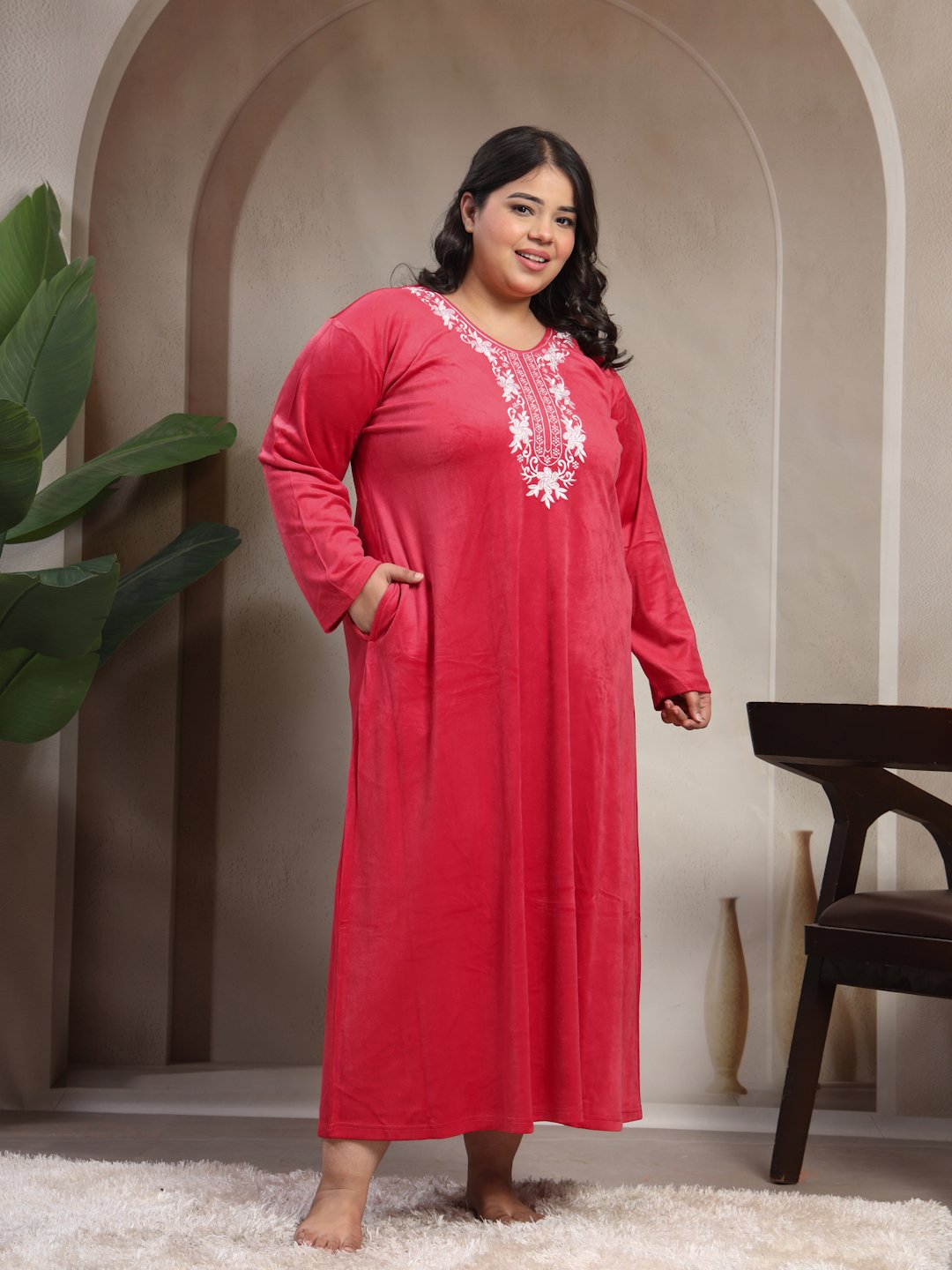 Klotthe Red Solid Soft touch Velvet Maxi Nightdress