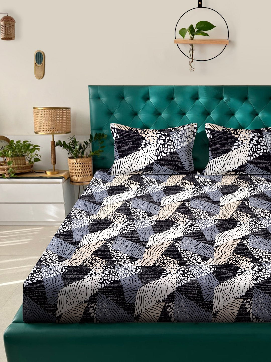 Multi Geometric 300 TC Cotton Blend Fitted Super King Double Bedsheet in Book Fold Packing