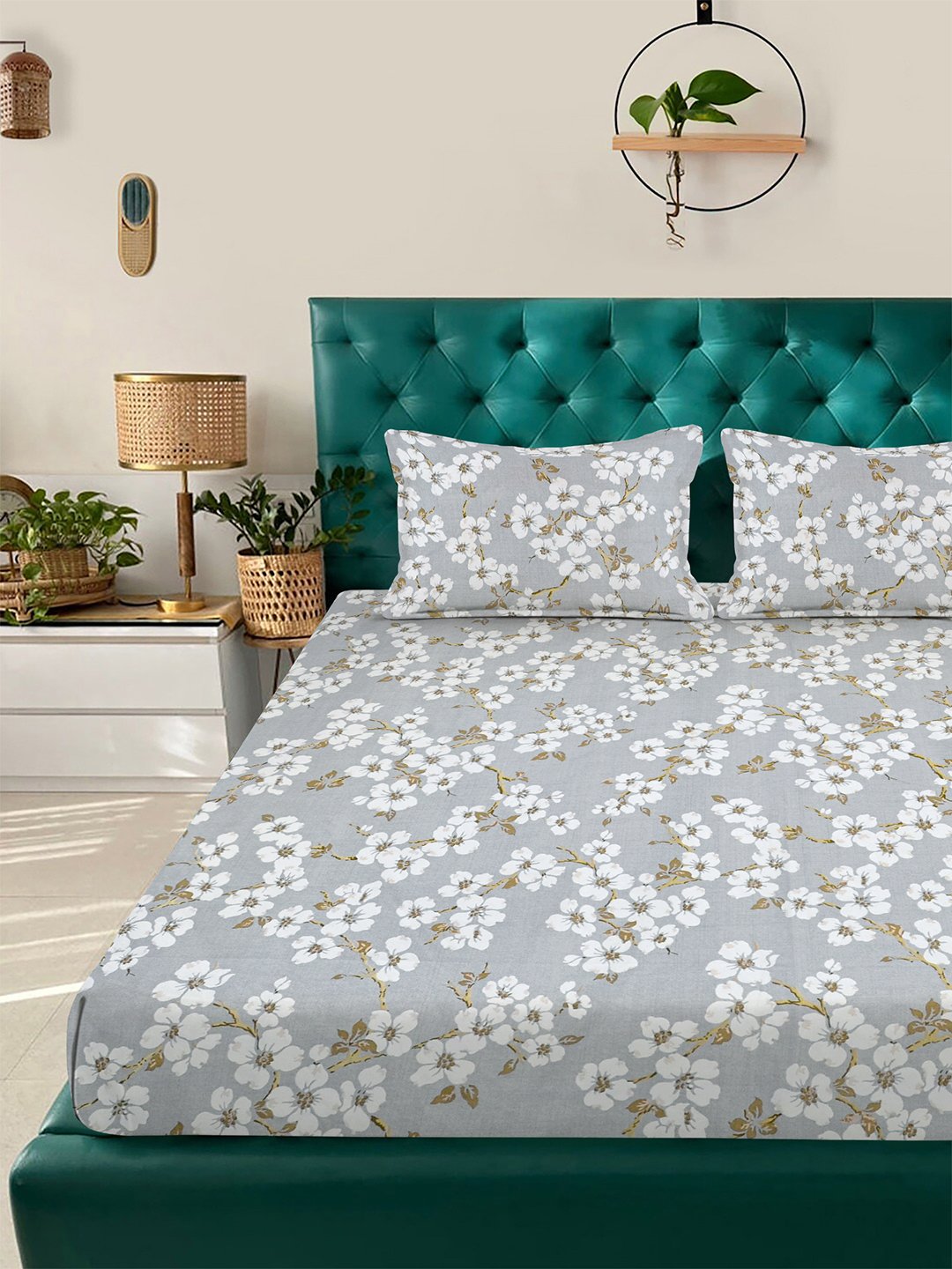 Grey Floral 300 TC Cotton Blend Double Bedsheet with 2 Pillow Covers