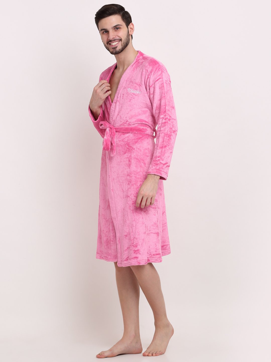 Men LightPink Solid Wool Bath Robe With Belt