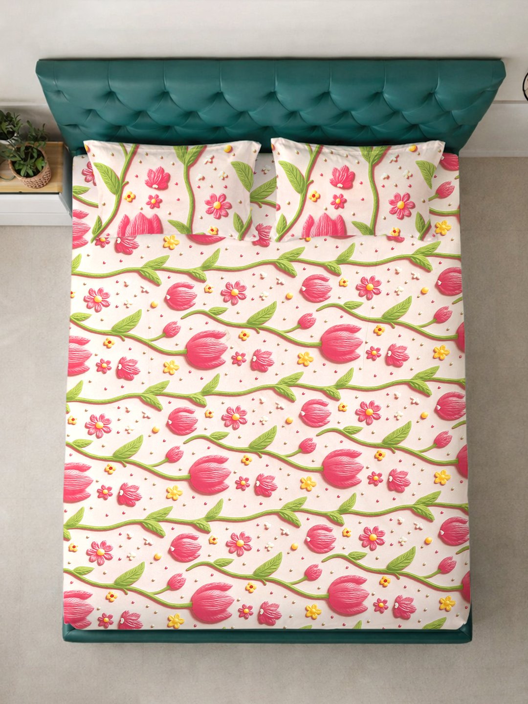 Beige Floral 7D King Size Cotton Blend Double Bedsheet with 2 Pillow Covers