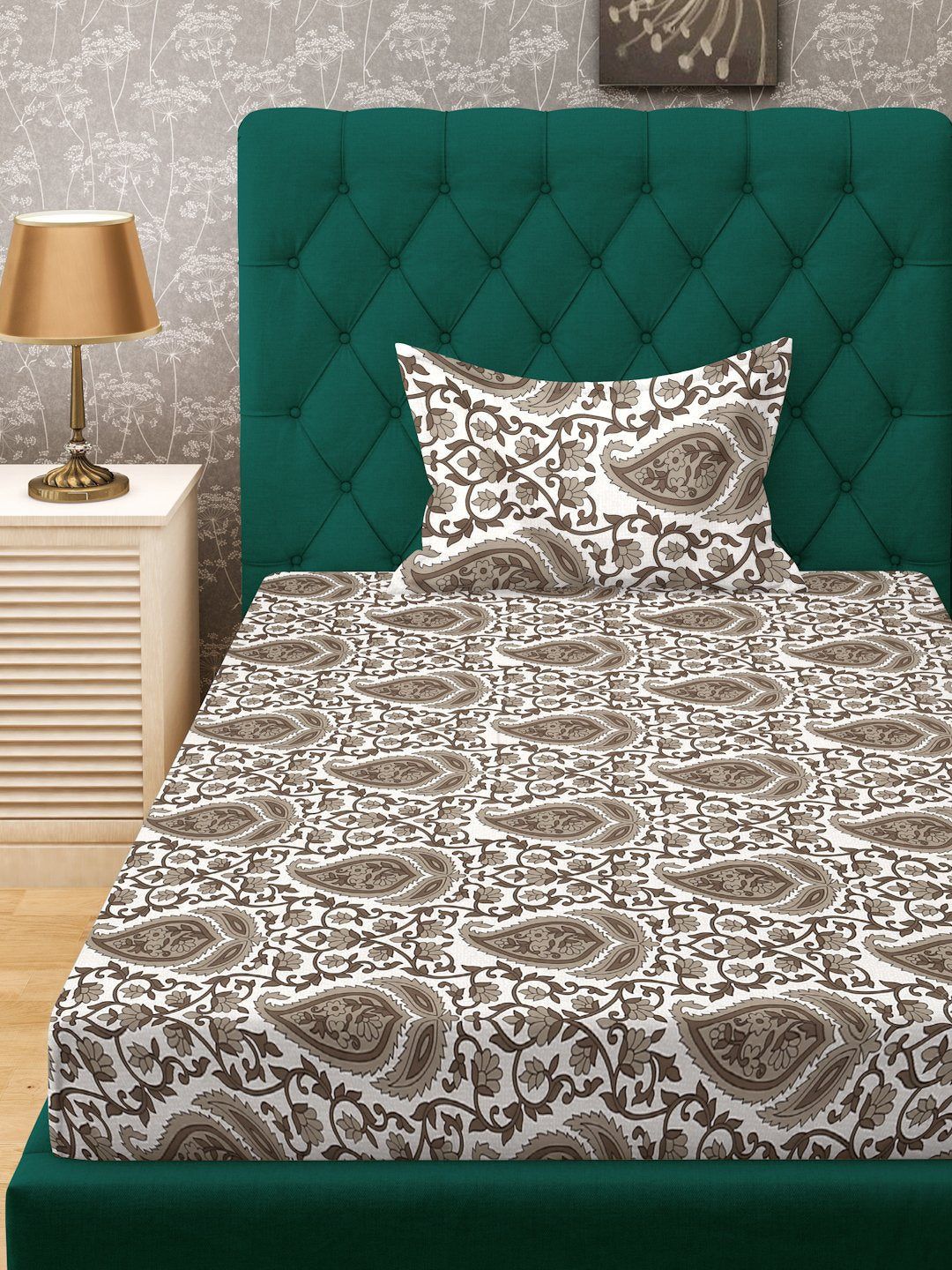 Begie Floral 300 TC Cotton Blend Fitted Single Bedsheet Set in Book Fold Packing