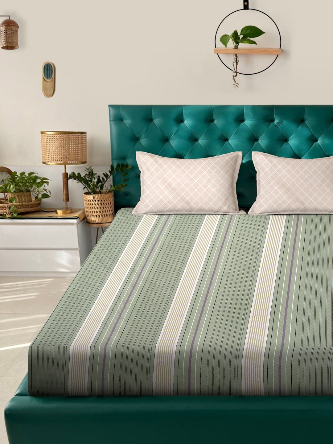 Green Striped 300 TC Cotton Blend Double Bedsheet with 2 Pillow Covers
