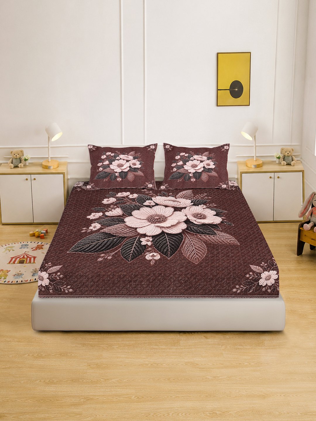 Digital Printed Brown Floral Cotton Blend Double Bedsheet with 2 Pillow Covers