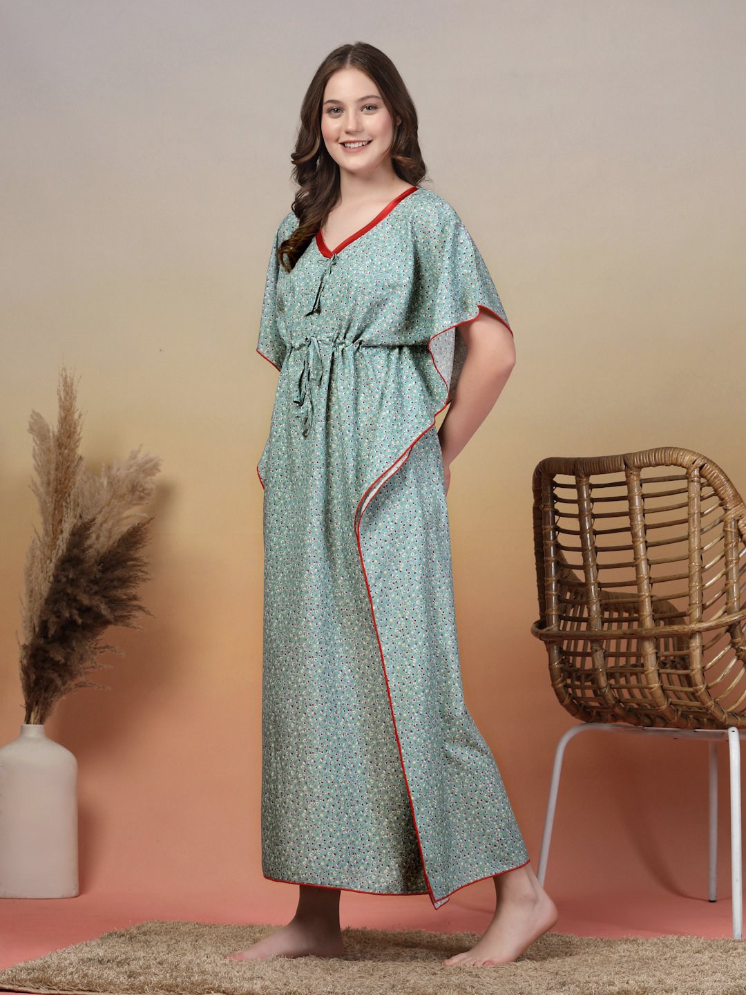 Green Floral Cotton Blend Kaftan Maxi Nightdress
