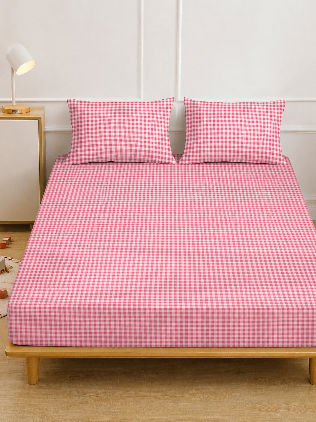 Red Checked Cotton Blend Fitted Double Bedsheet with 2 Pillow Covers
