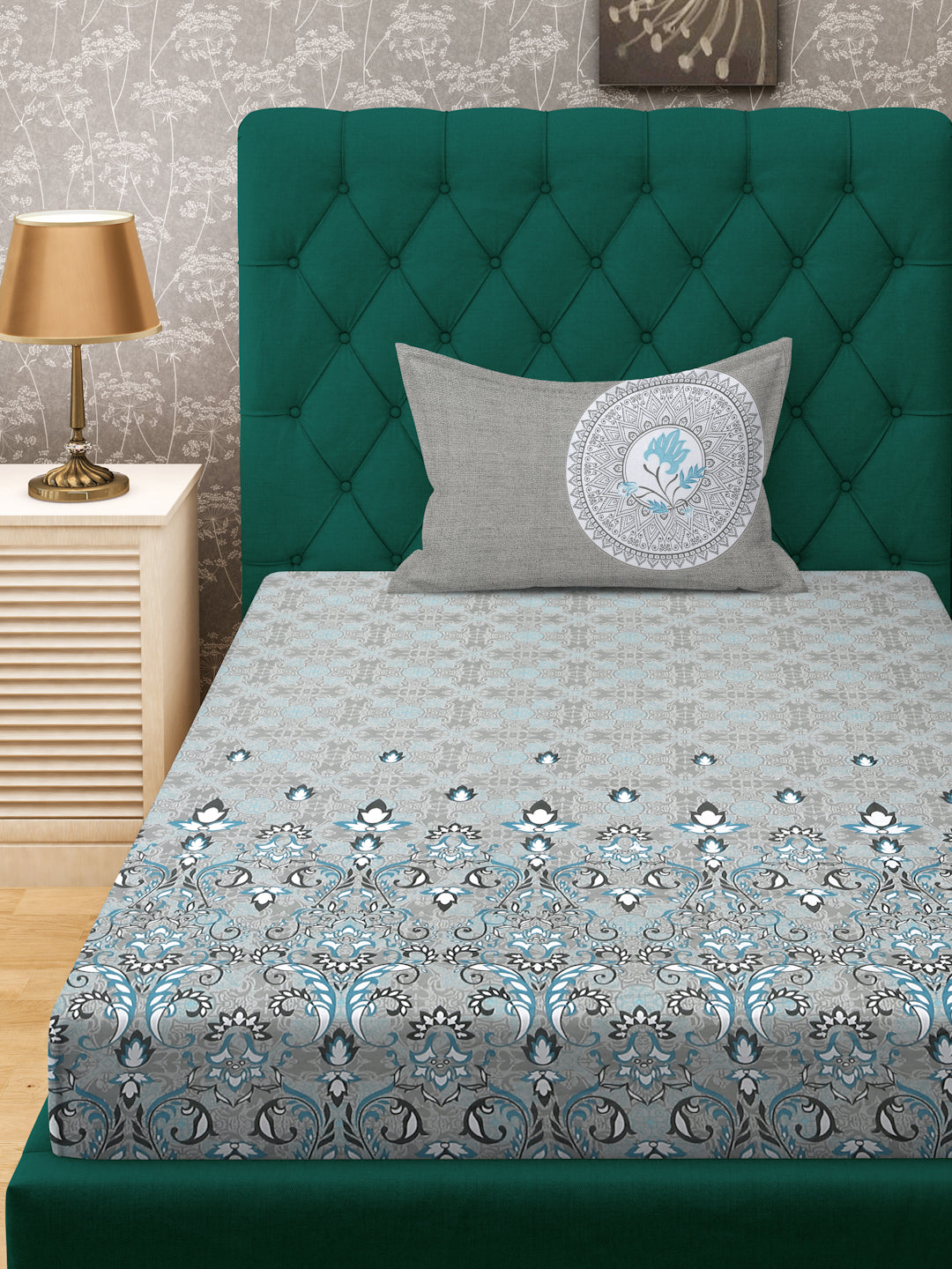 Klotthe Grey Floral 400 TC Pure Cotton Single Bedsheet with Pillow Cover