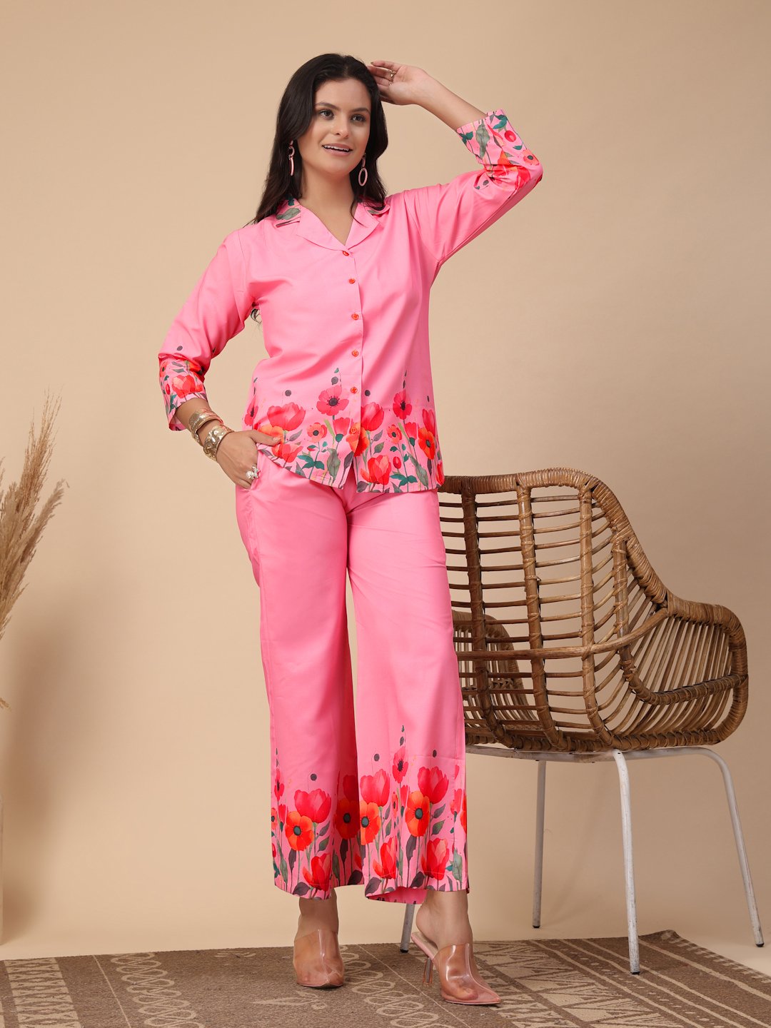 Pink Cotton Printed Shirt With Trousers Co-Ords Set