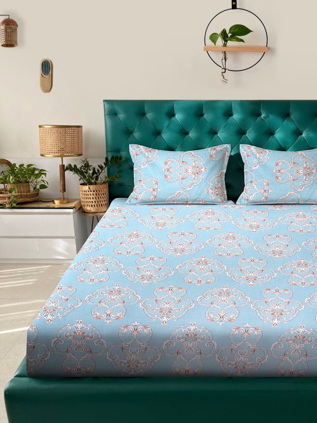 SkyBlue Ethnic Motifs 300 TC Cotton Blend Double Bedsheet with 2 Pillow Covers