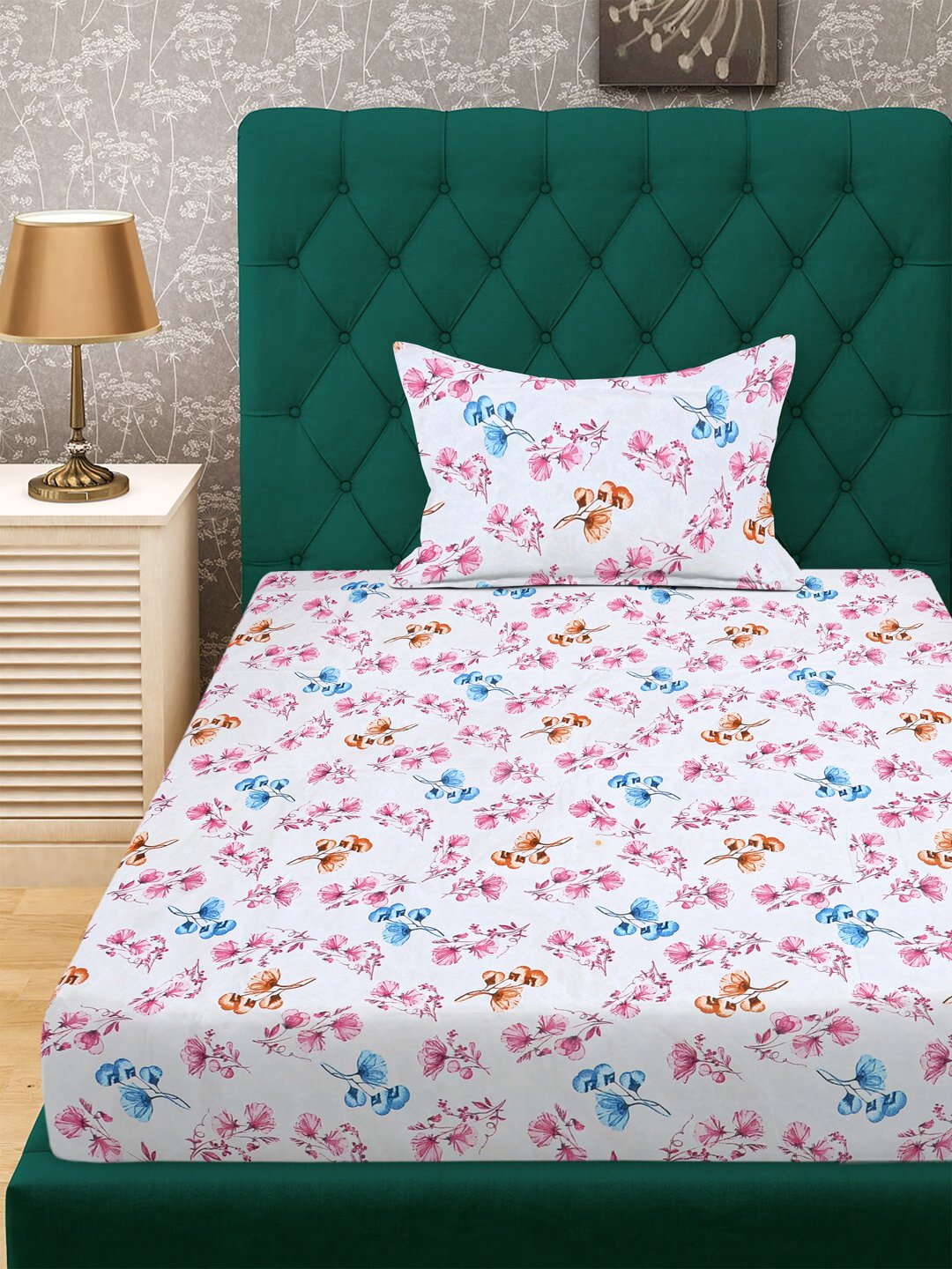 White Floral 300 TC Cotton Blend Single Bedsheet with Pillow Cover