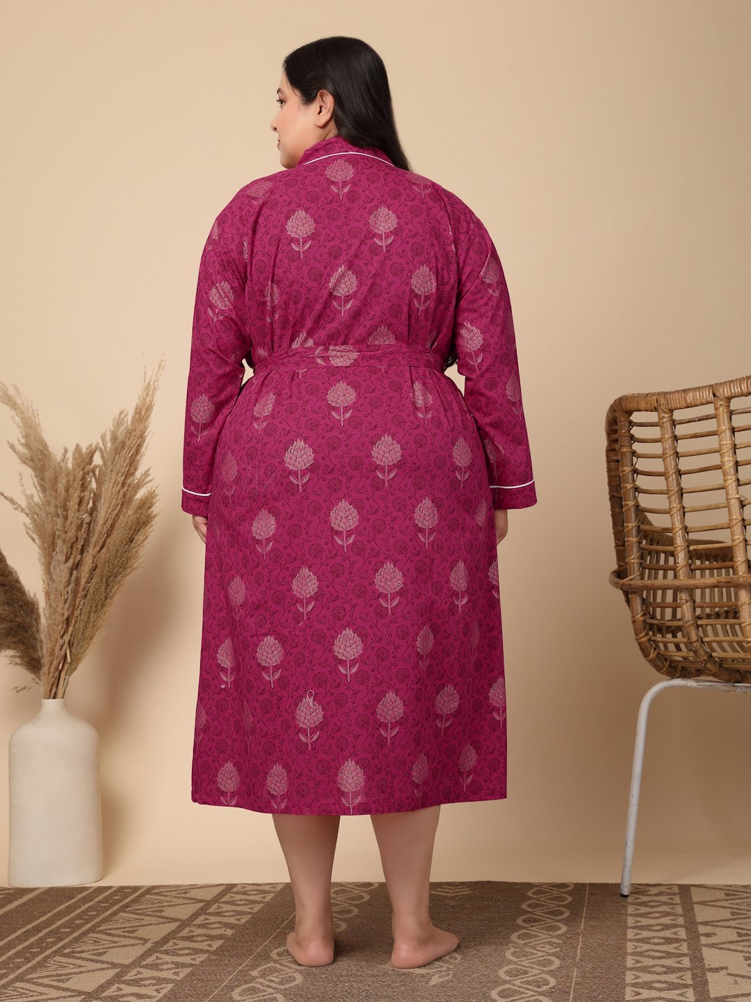 Women Printed Pink Floral Plus Size Pure Cotton Bath Robe With Belt
