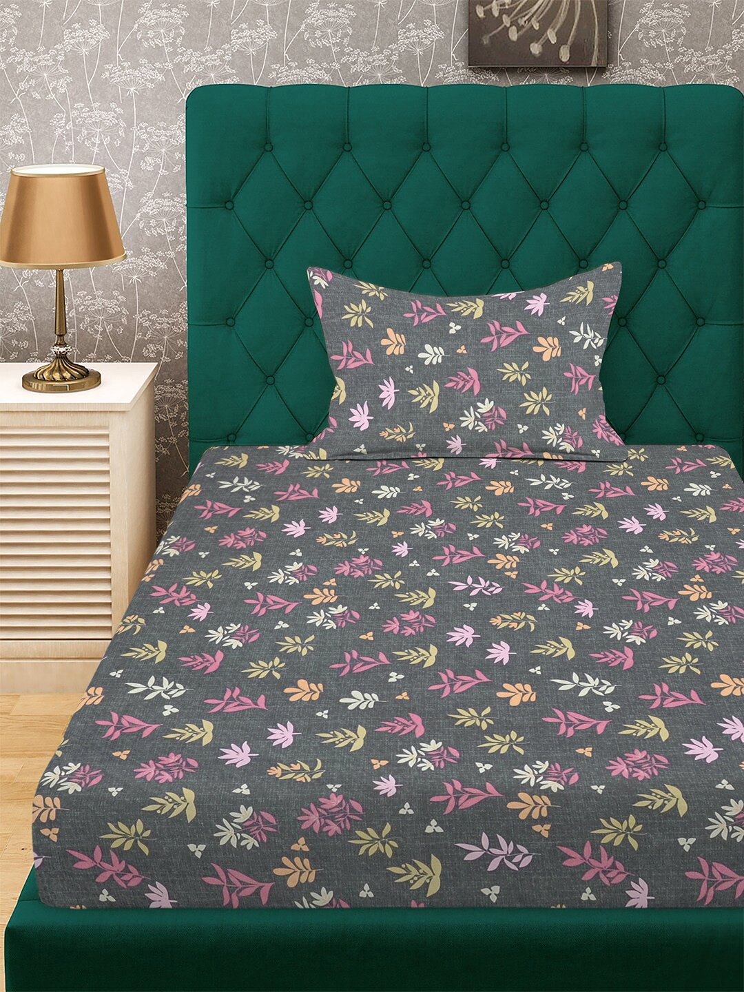 Grey Floral 300 TC Cotton Blend Fitted Single Bedsheet with Pillow Cover