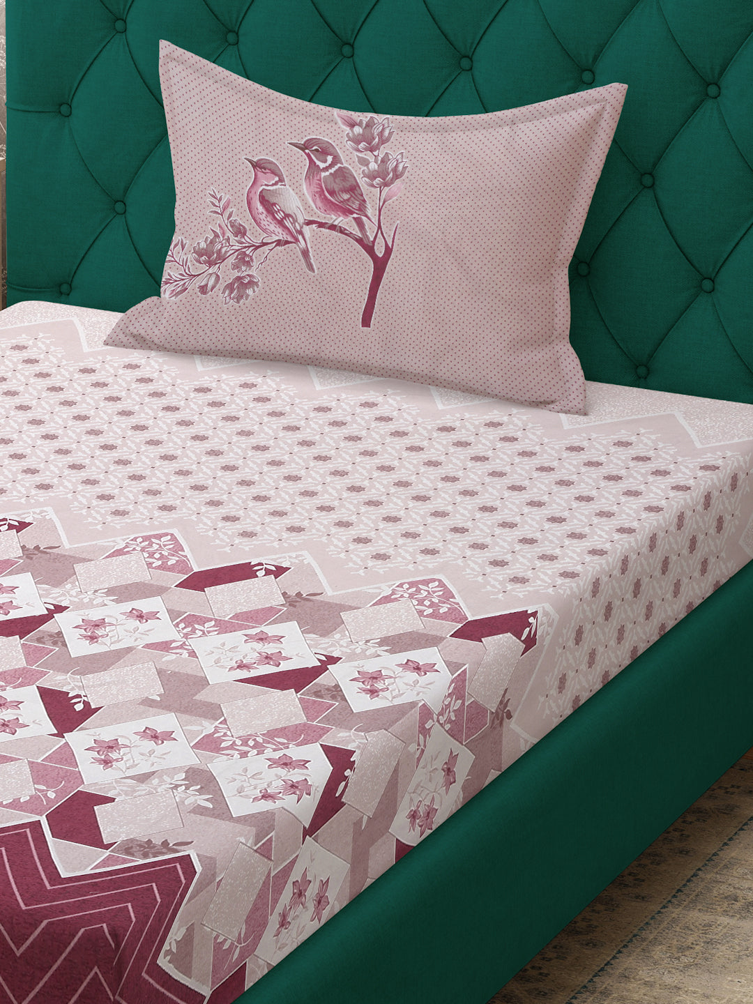 Klotthe Magenta Geometric 400 TC Pure Cotton Single Bedsheet with Pillow Cover