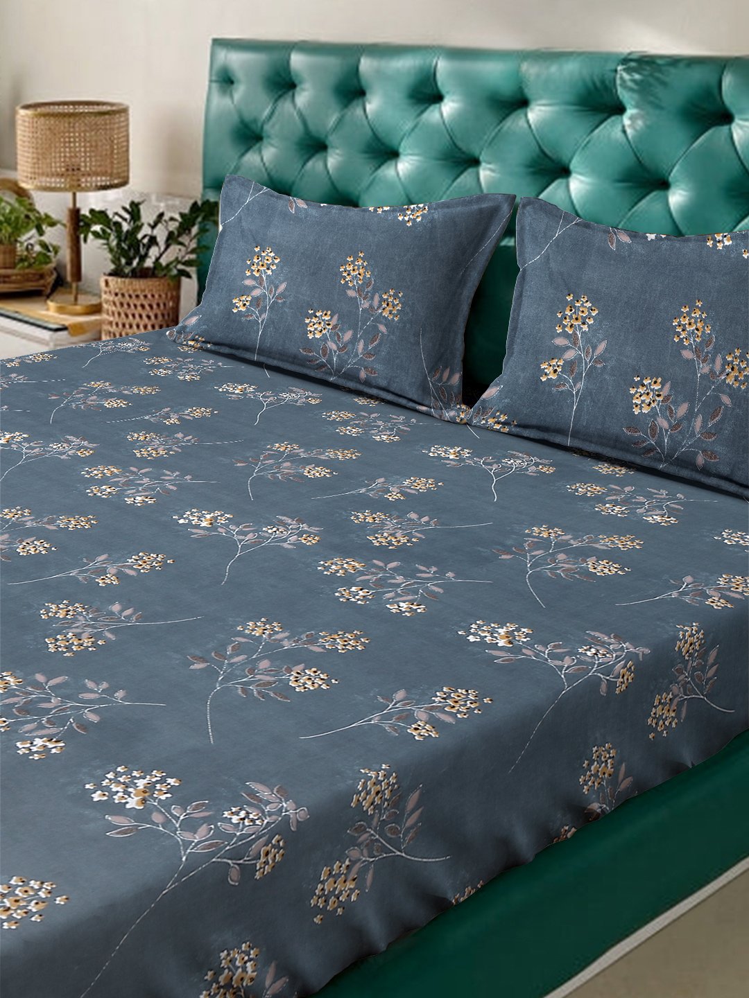 Blue Floral 300 TC Cotton Blend Fitted Double Bedsheet in Book Fold Packing