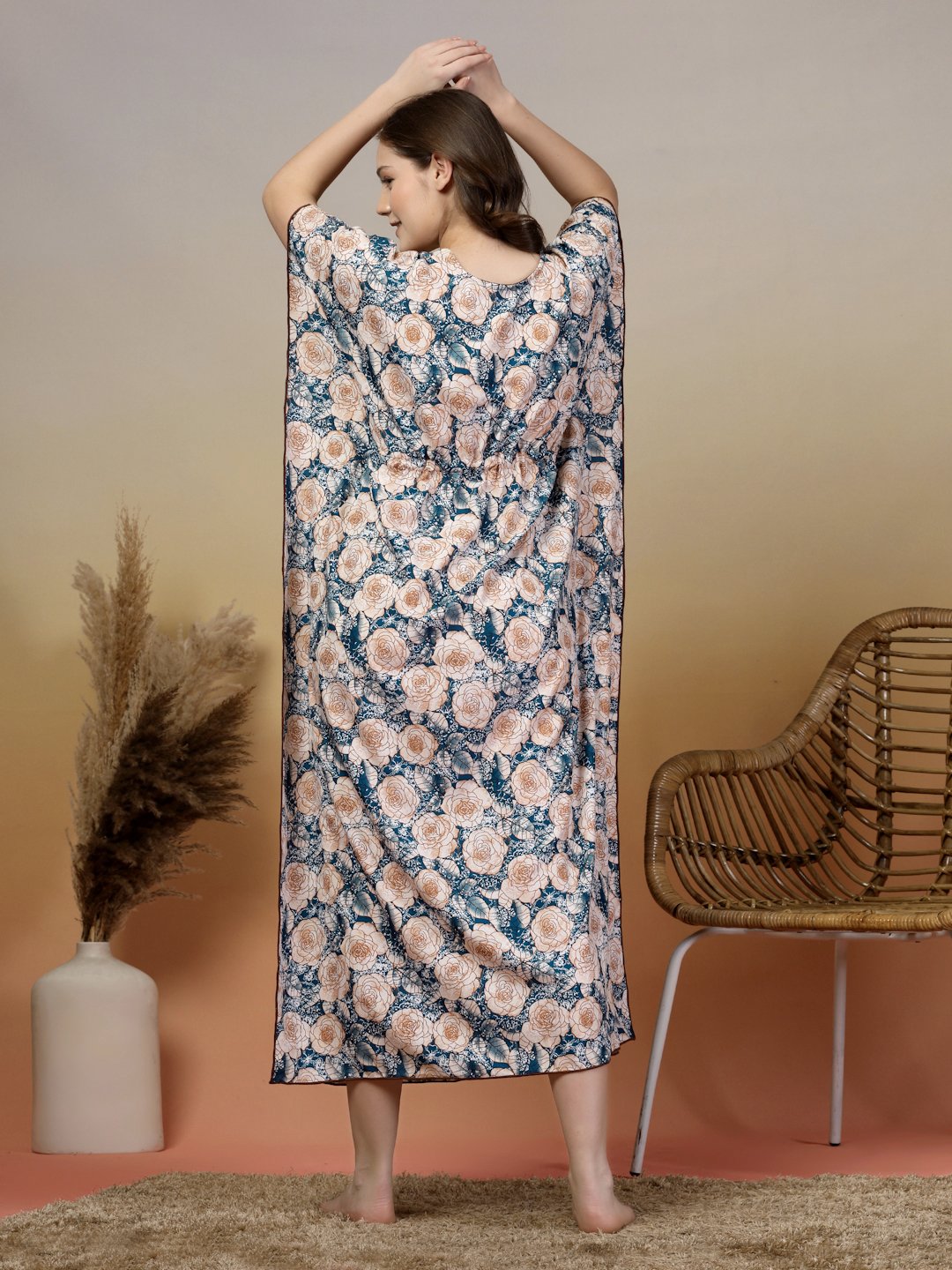 Blue Floral Cotton Blend Kaftan Maxi Nightdress